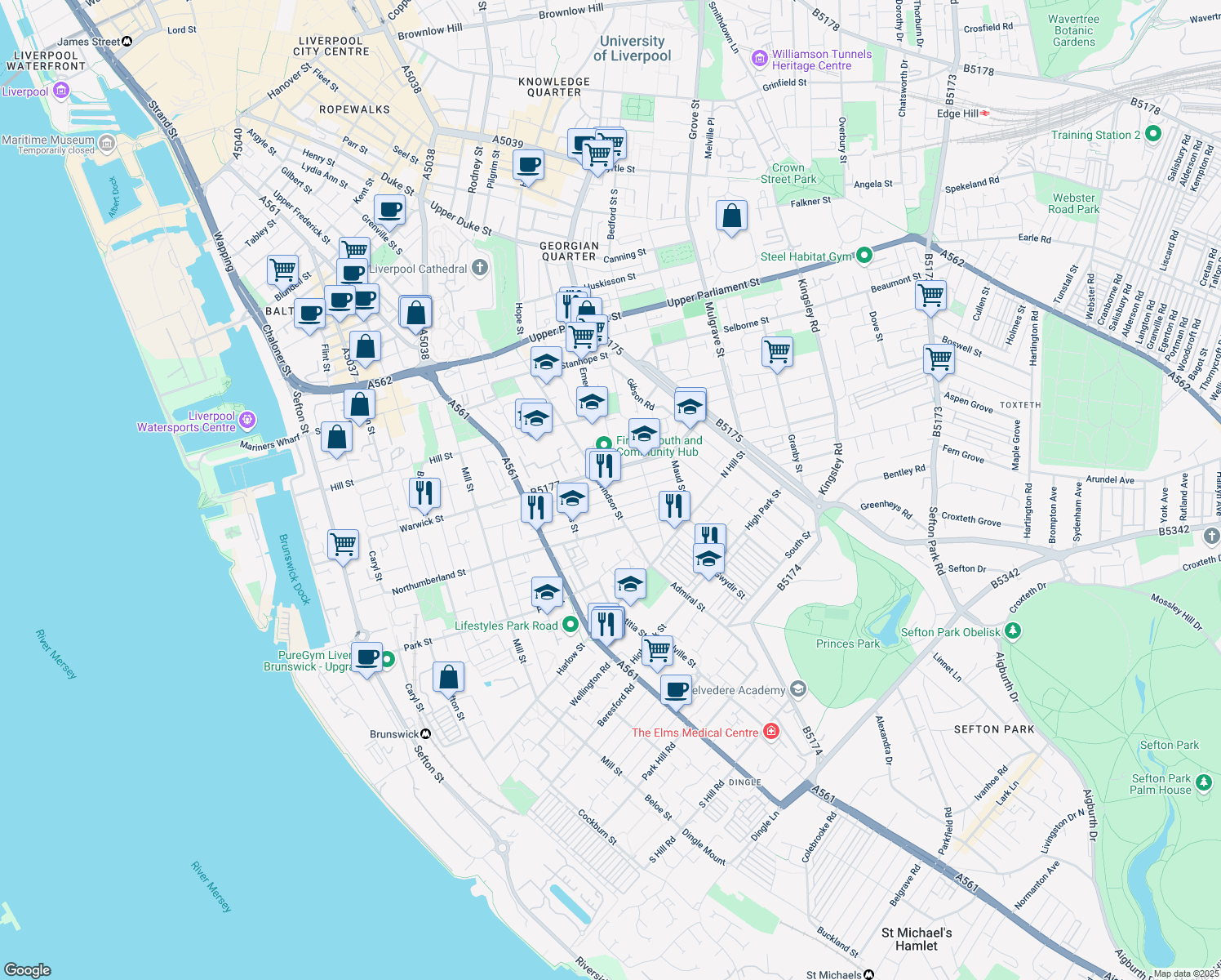 map of restaurants, bars, coffee shops, grocery stores, and more near Windsor Street in Merseyside