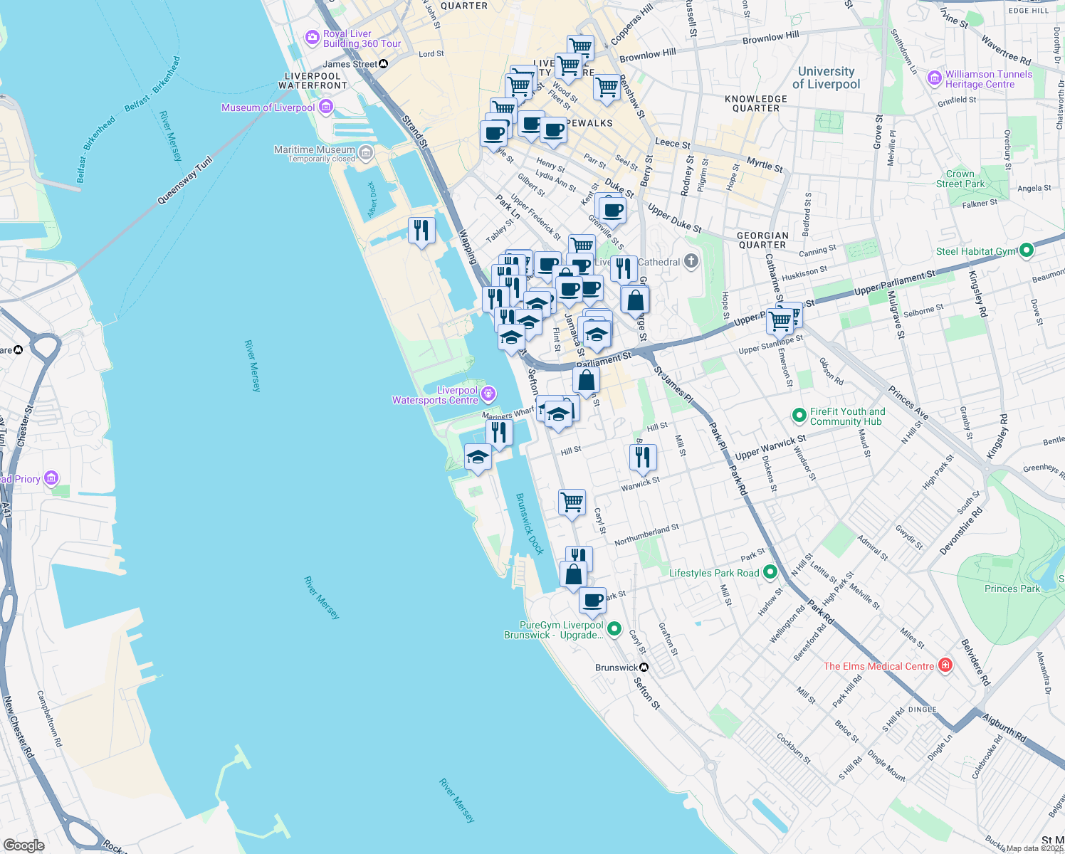 map of restaurants, bars, coffee shops, grocery stores, and more near The Anchorage in Merseyside