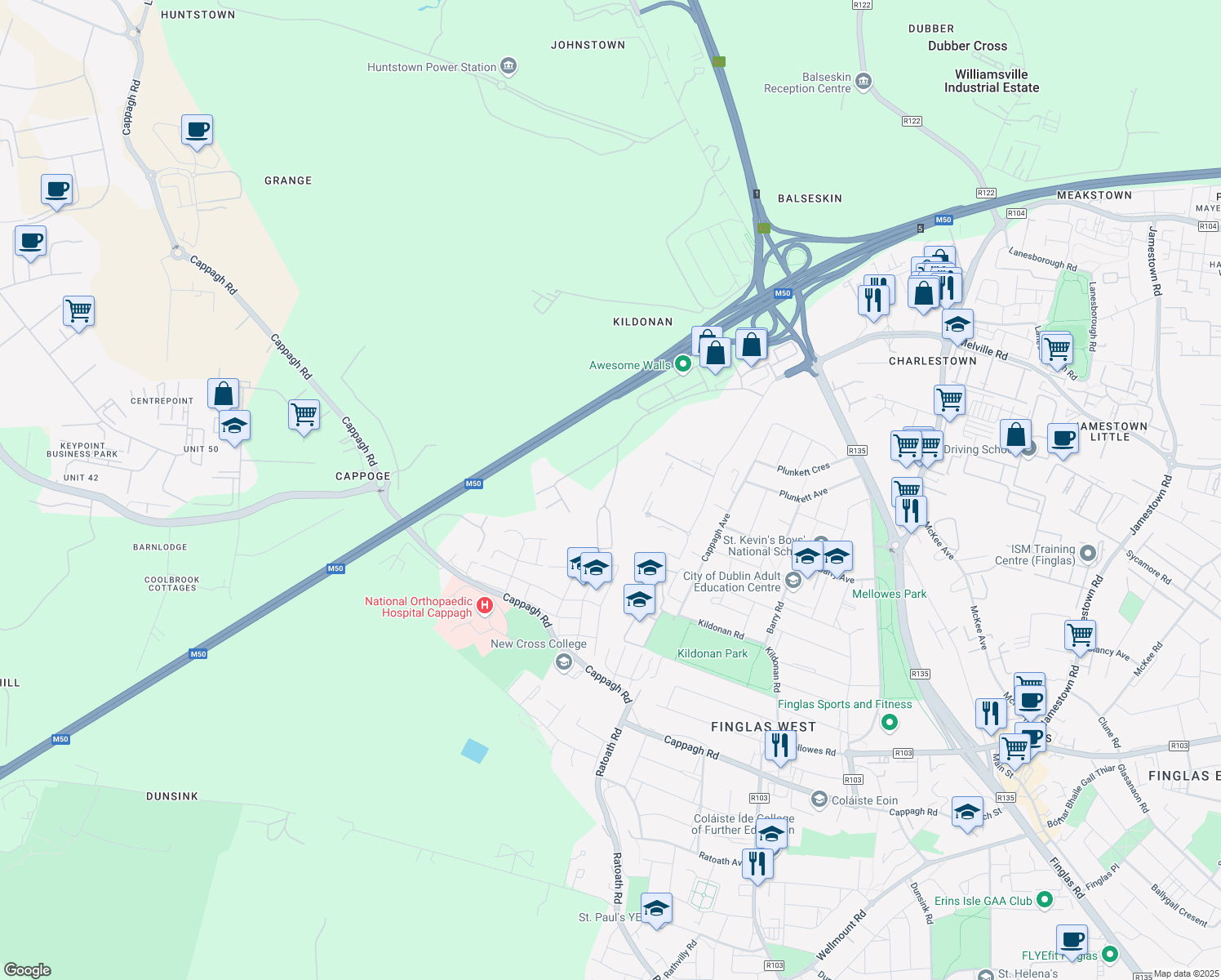 map of restaurants, bars, coffee shops, grocery stores, and more near North City Business Park in Dublin