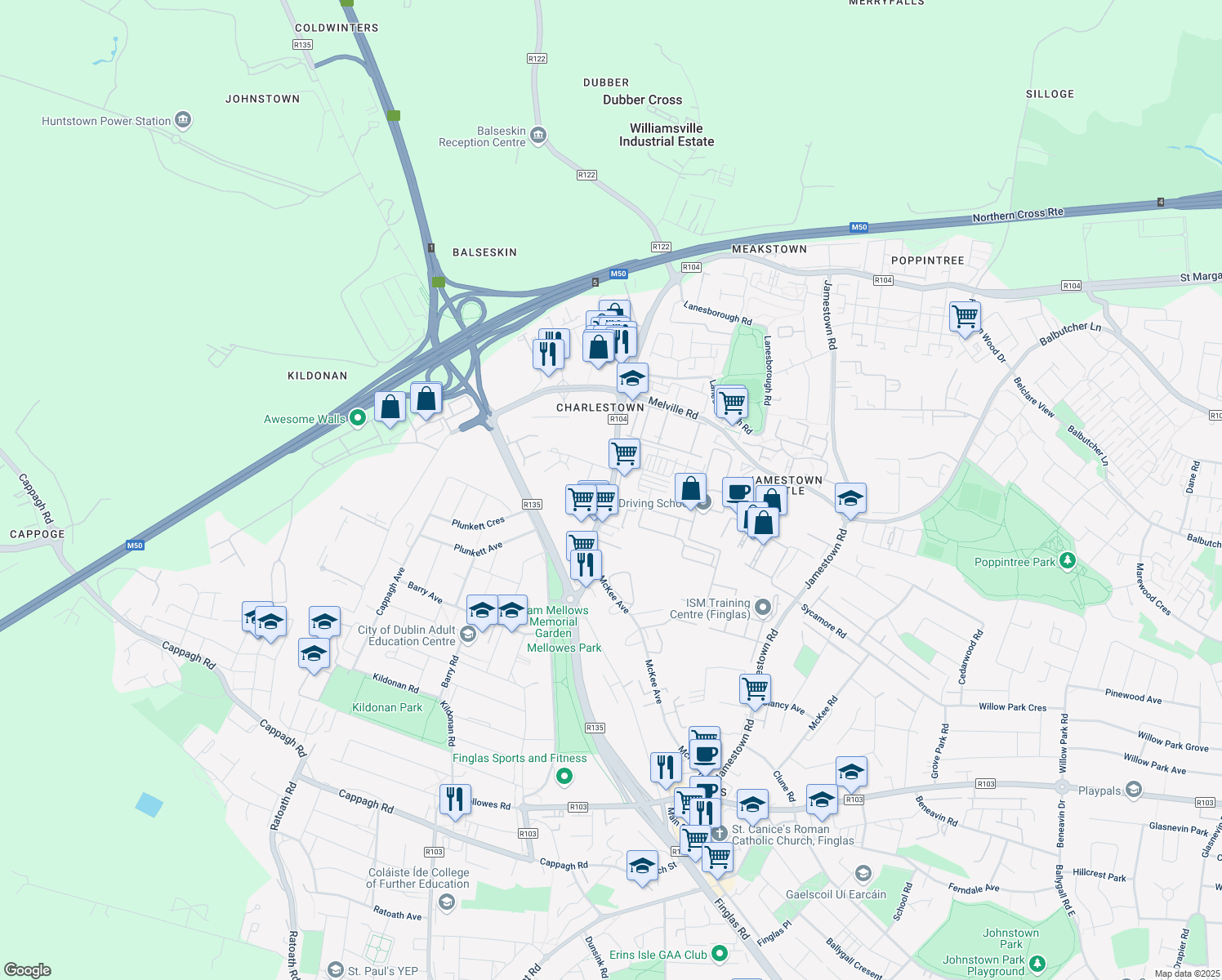 map of restaurants, bars, coffee shops, grocery stores, and more near 24 Saint Margaret's Road in Dublin