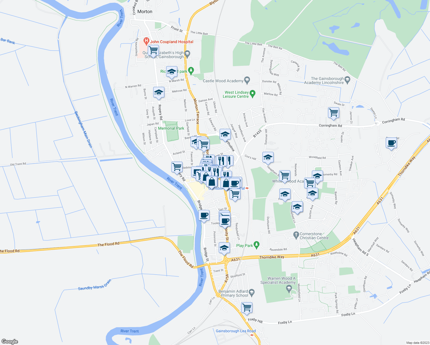map of restaurants, bars, coffee shops, grocery stores, and more near in Gainsborough