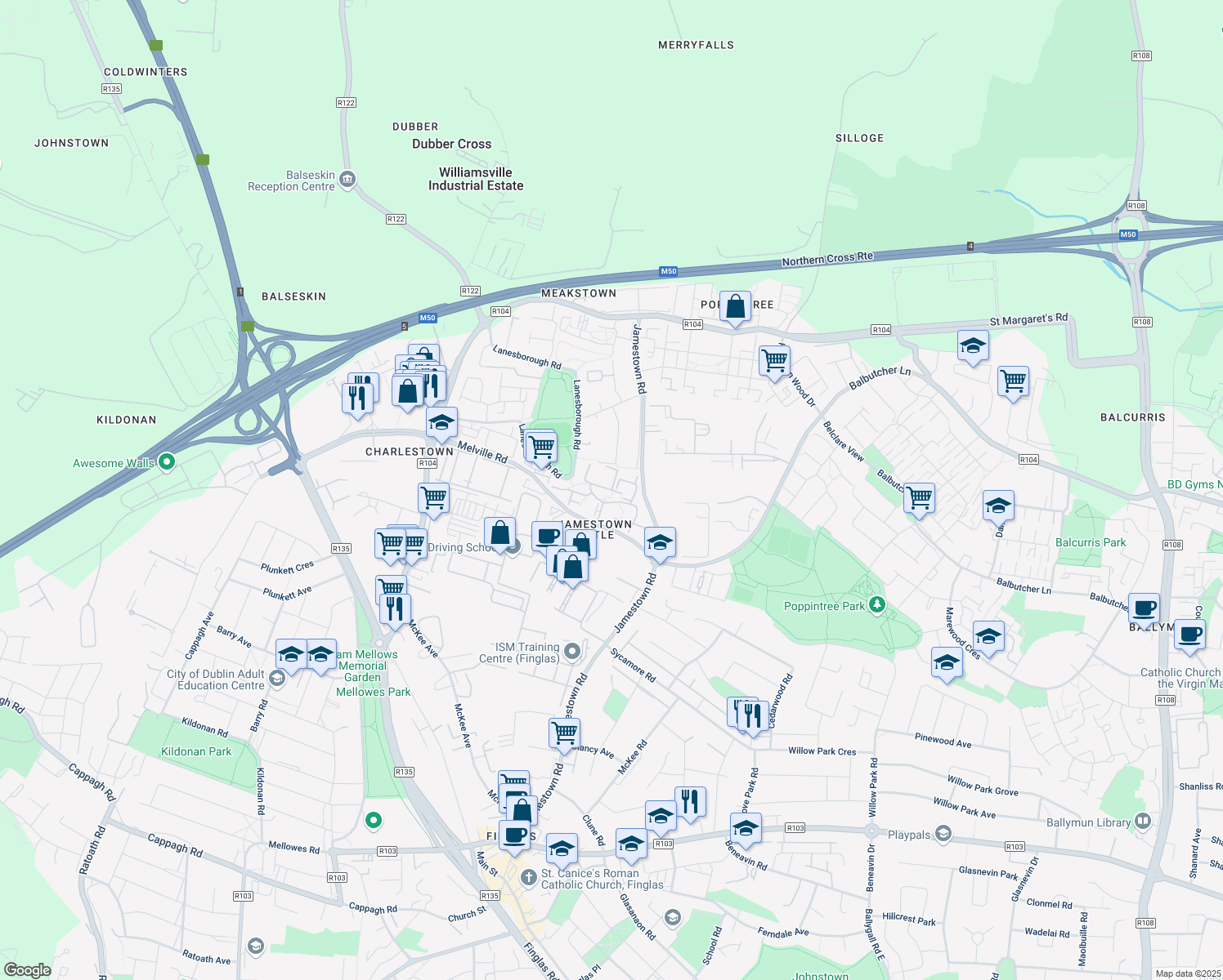 map of restaurants, bars, coffee shops, grocery stores, and more near Melville Drive in Dublin