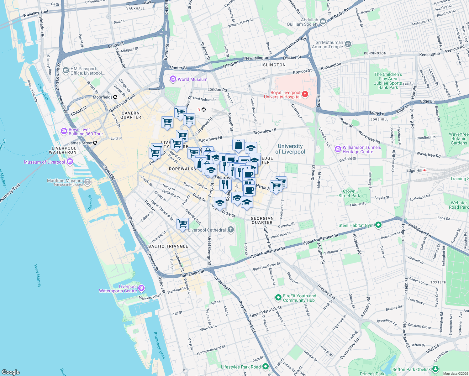 map of restaurants, bars, coffee shops, grocery stores, and more near Rodney Street in Merseyside
