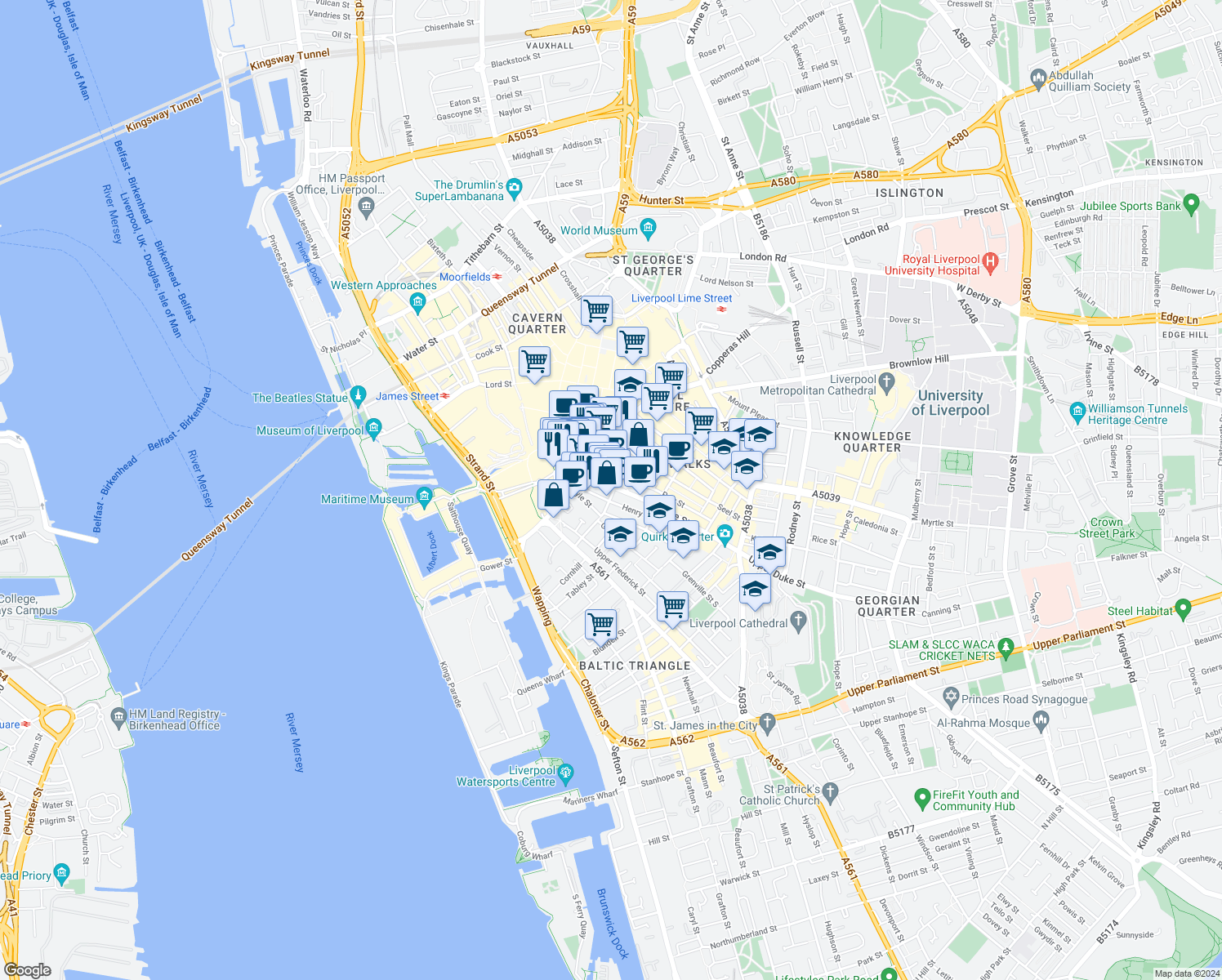 map of restaurants, bars, coffee shops, grocery stores, and more near in Liverpool