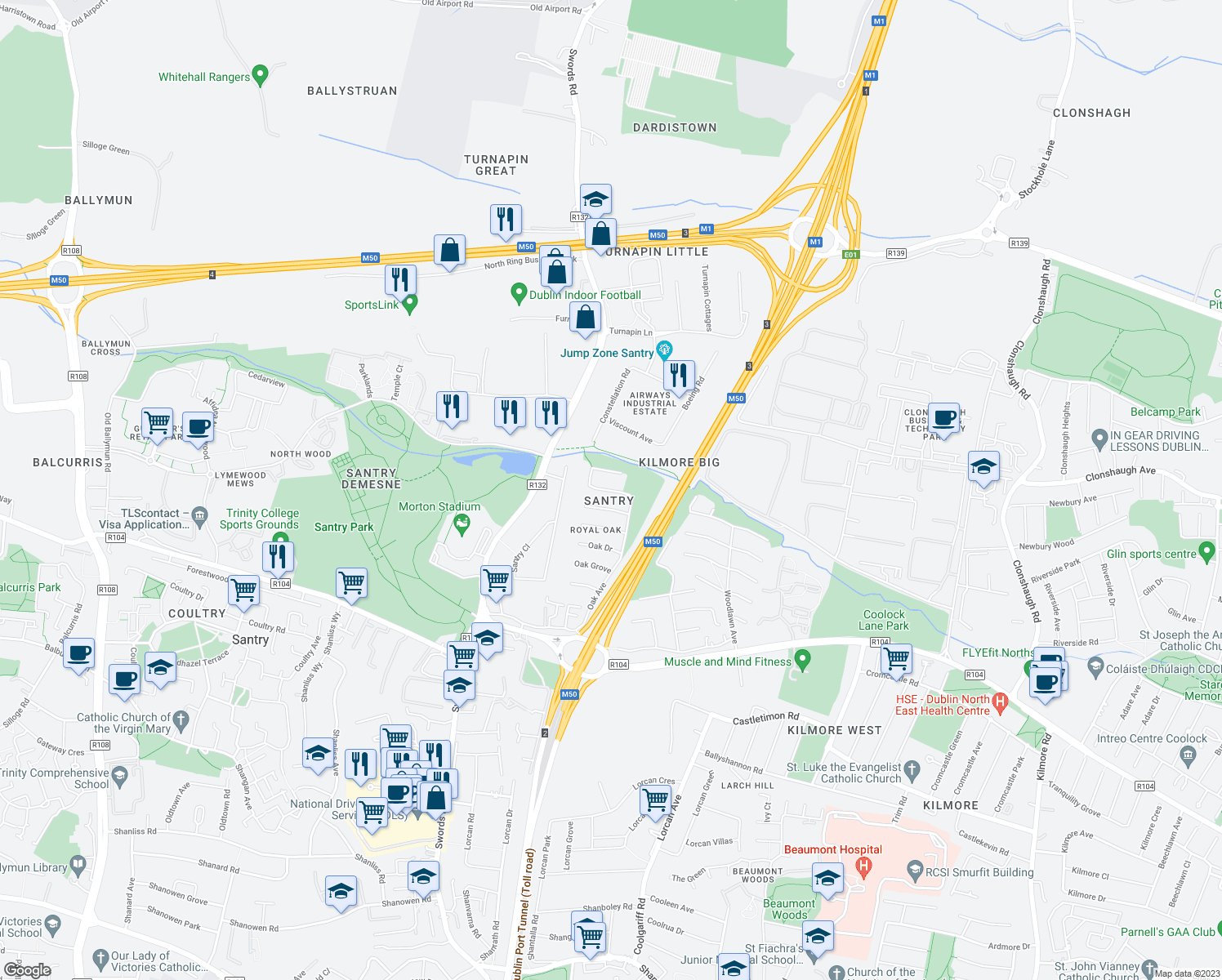 map of restaurants, bars, coffee shops, grocery stores, and more near Oak Rise in Dublin