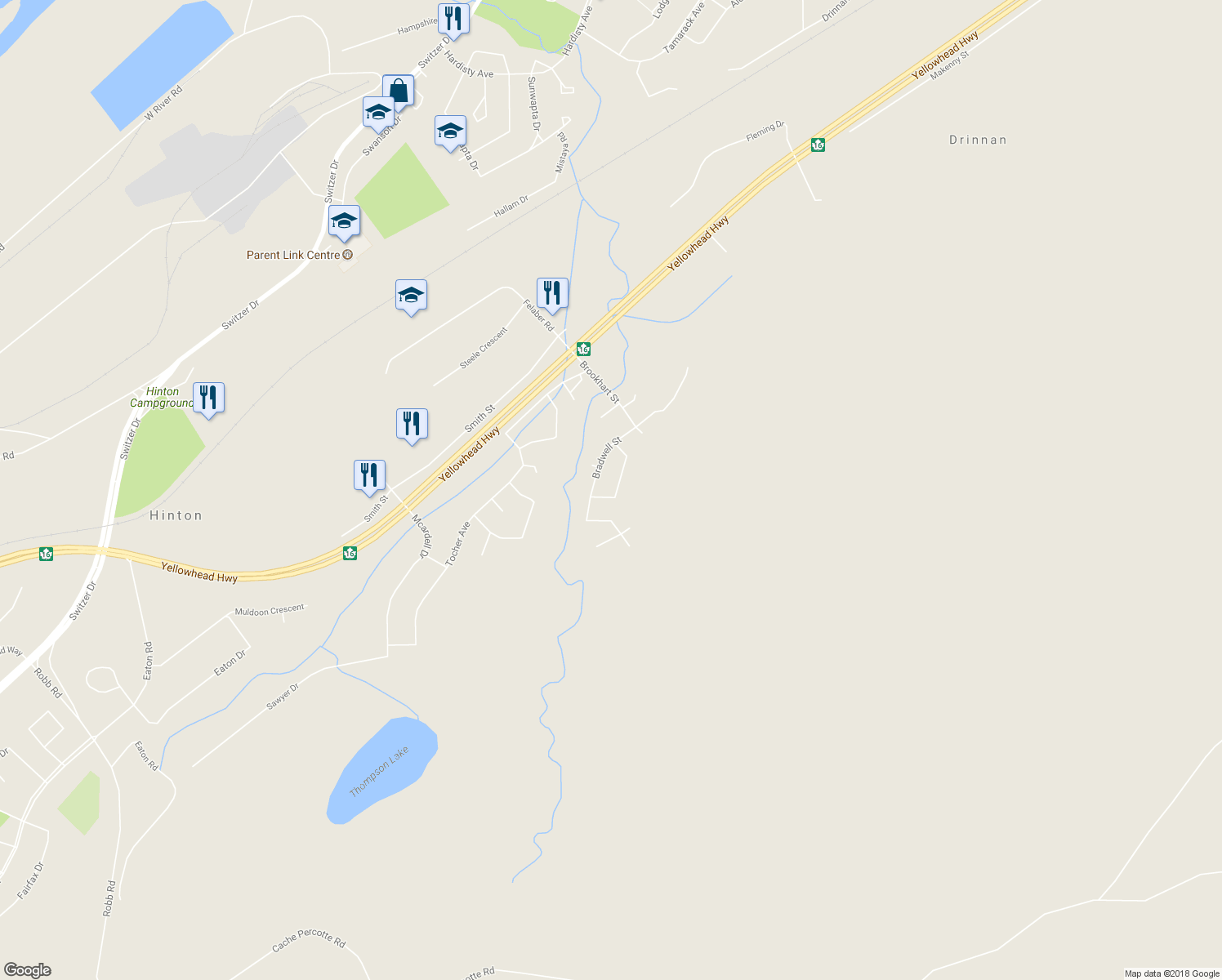 map of restaurants, bars, coffee shops, grocery stores, and more near 168 Sitar Crescent in Hinton