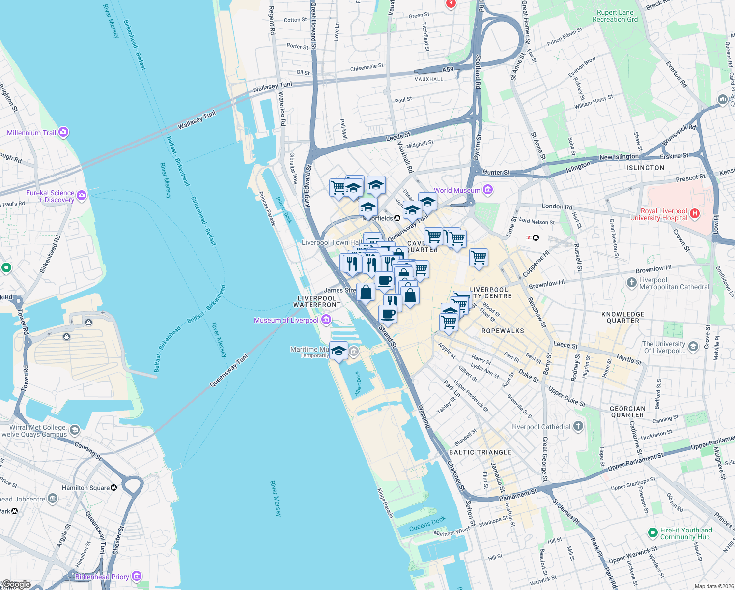 map of restaurants, bars, coffee shops, grocery stores, and more near 19 James Street in Merseyside