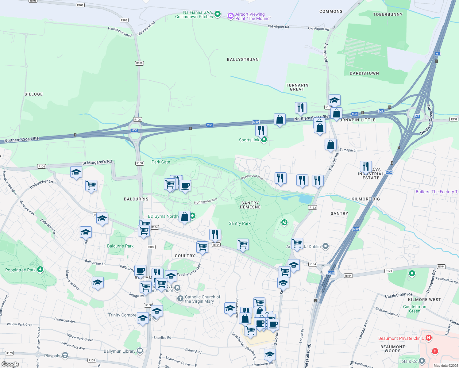 map of restaurants, bars, coffee shops, grocery stores, and more near Northwood Avenue in Dublin