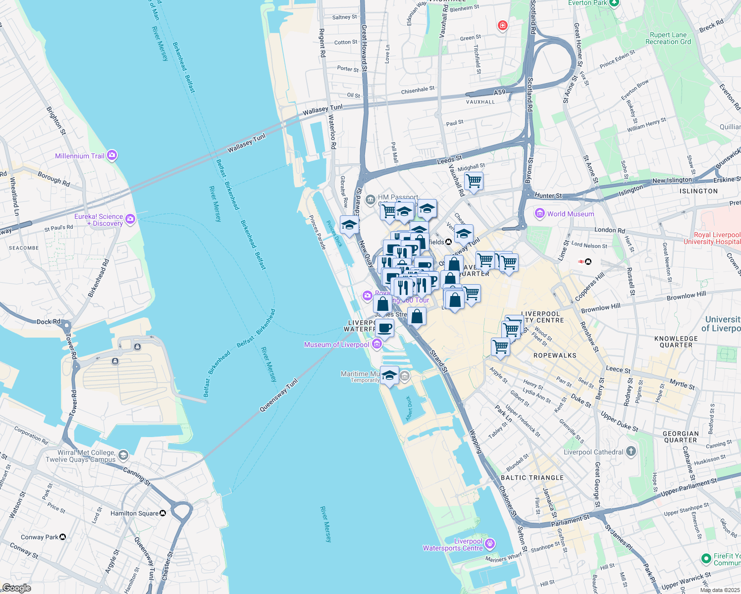 map of restaurants, bars, coffee shops, grocery stores, and more near in Merseyside