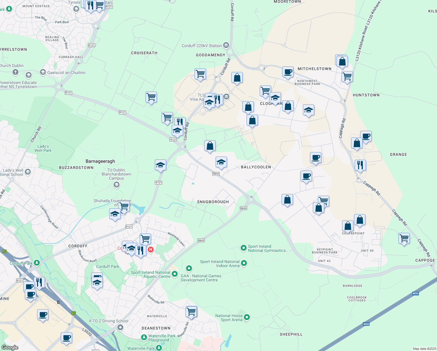 map of restaurants, bars, coffee shops, grocery stores, and more near Ballycoolin Road in Dublin