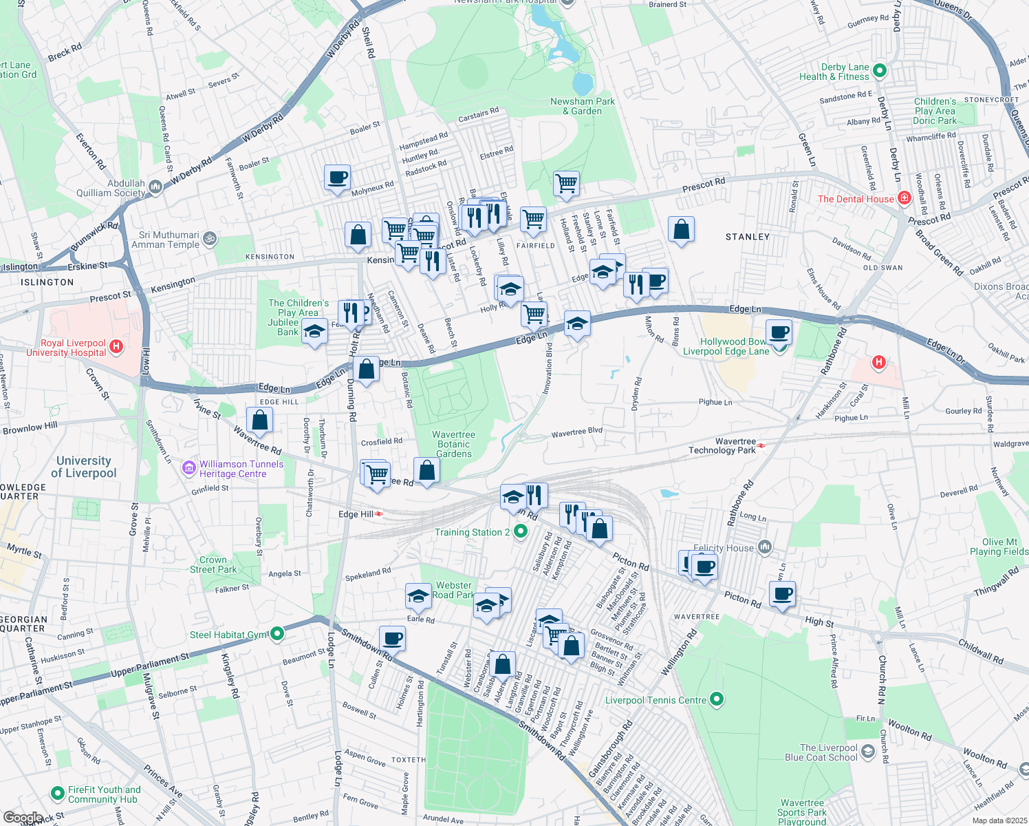 map of restaurants, bars, coffee shops, grocery stores, and more near Edge Lane in Merseyside