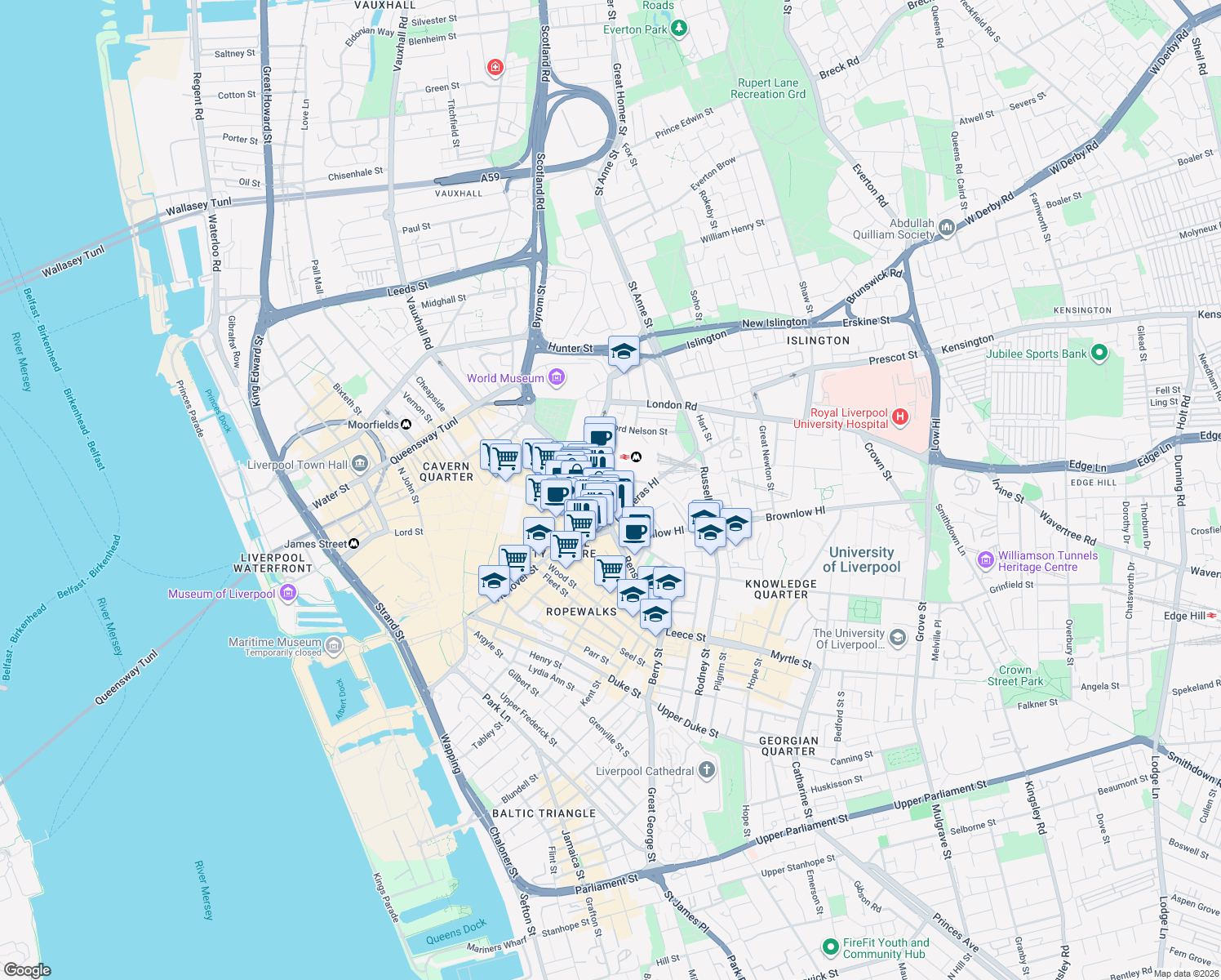 map of restaurants, bars, coffee shops, grocery stores, and more near 6 Bolton Street in Merseyside