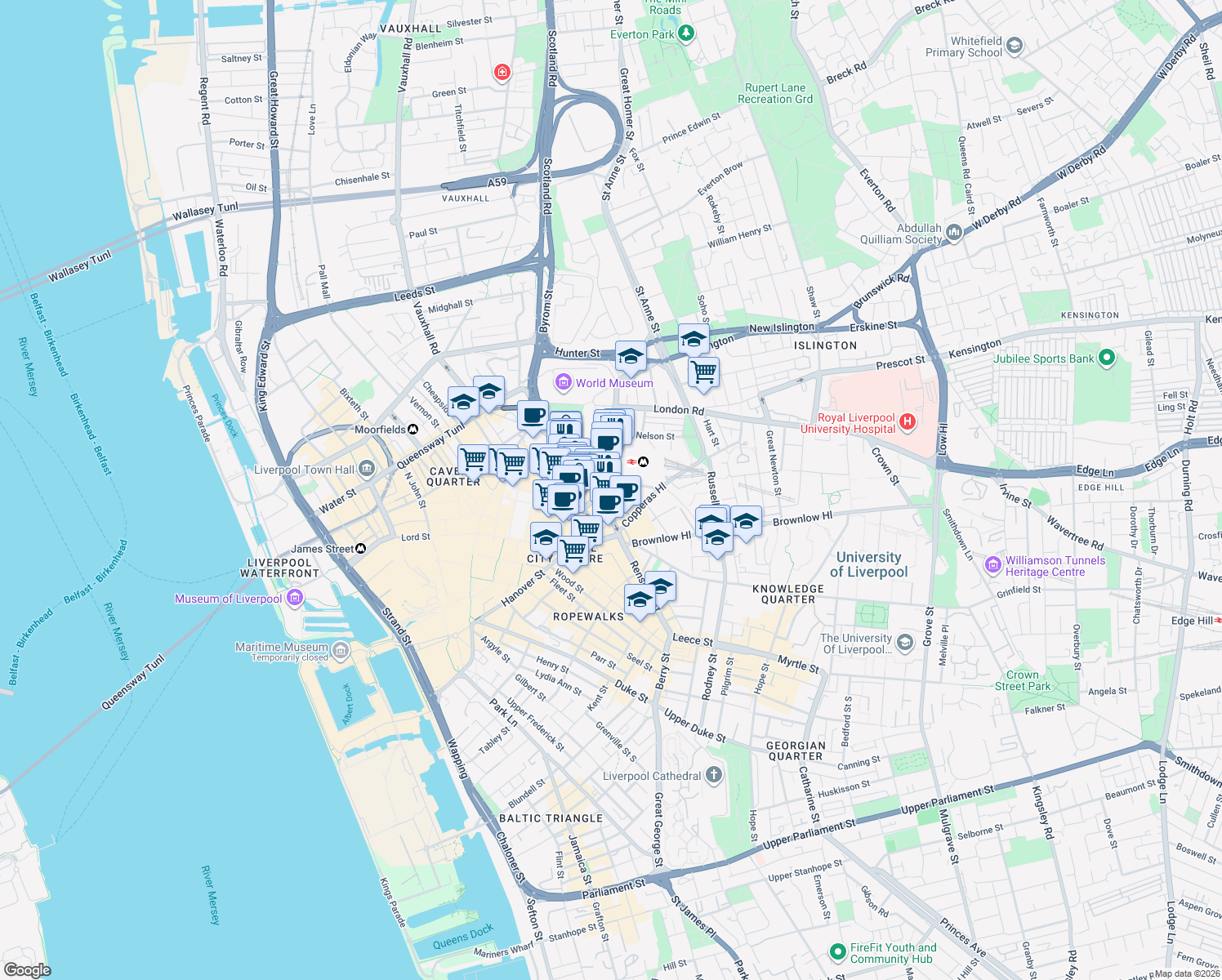 map of restaurants, bars, coffee shops, grocery stores, and more near 6 Bolton Street in Merseyside