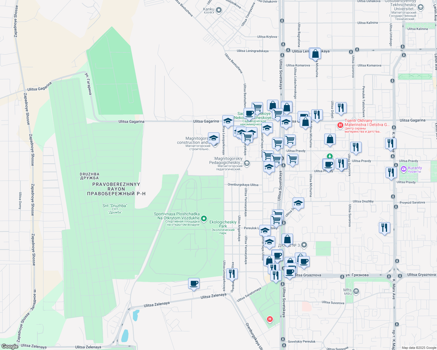 map of restaurants, bars, coffee shops, grocery stores, and more near in Magnitogorsk