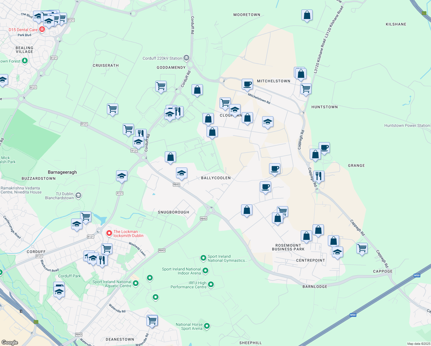 map of restaurants, bars, coffee shops, grocery stores, and more near Ballycoolin Road in Dublin