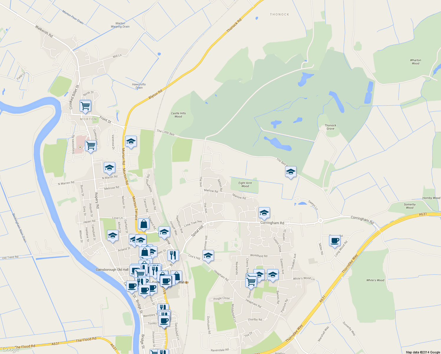 map of restaurants, bars, coffee shops, grocery stores, and more near Milton Road in Gainsborough