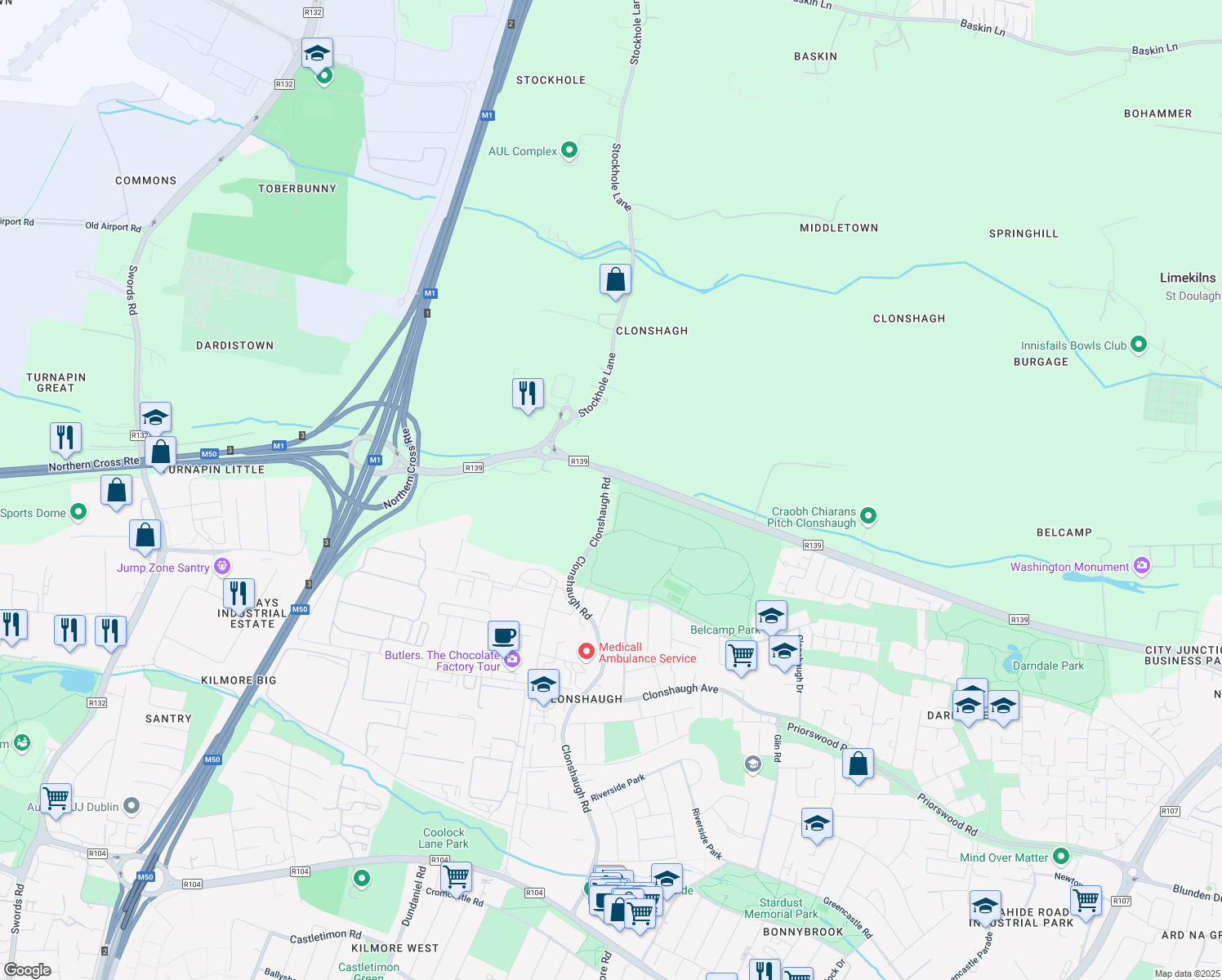 map of restaurants, bars, coffee shops, grocery stores, and more near Clonshaugh Road in Dublin