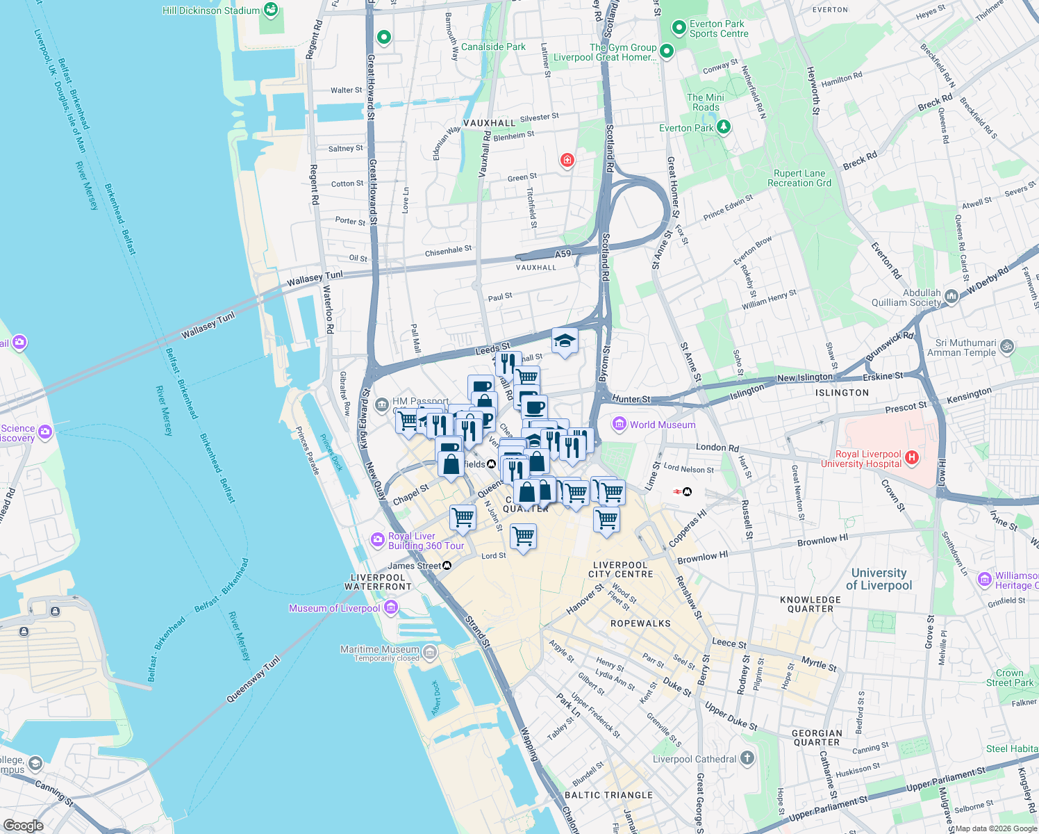 map of restaurants, bars, coffee shops, grocery stores, and more near Hatton Garden in Merseyside