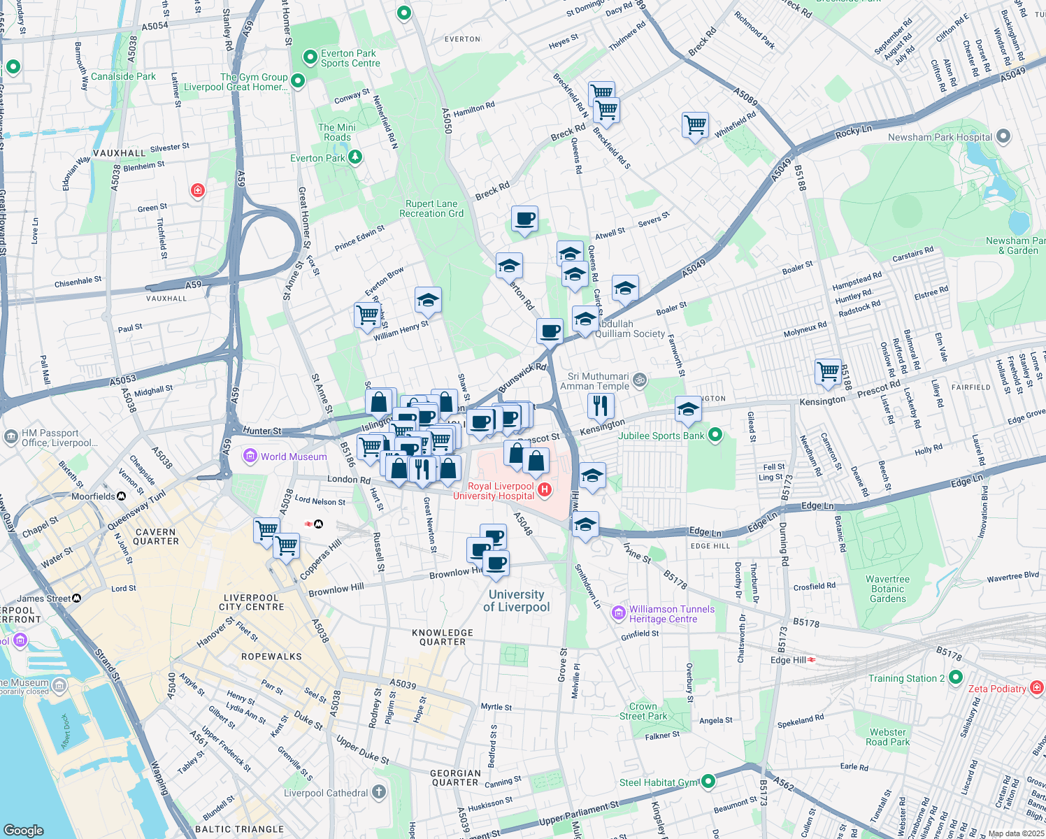 map of restaurants, bars, coffee shops, grocery stores, and more near 190 Erskine Street in Merseyside