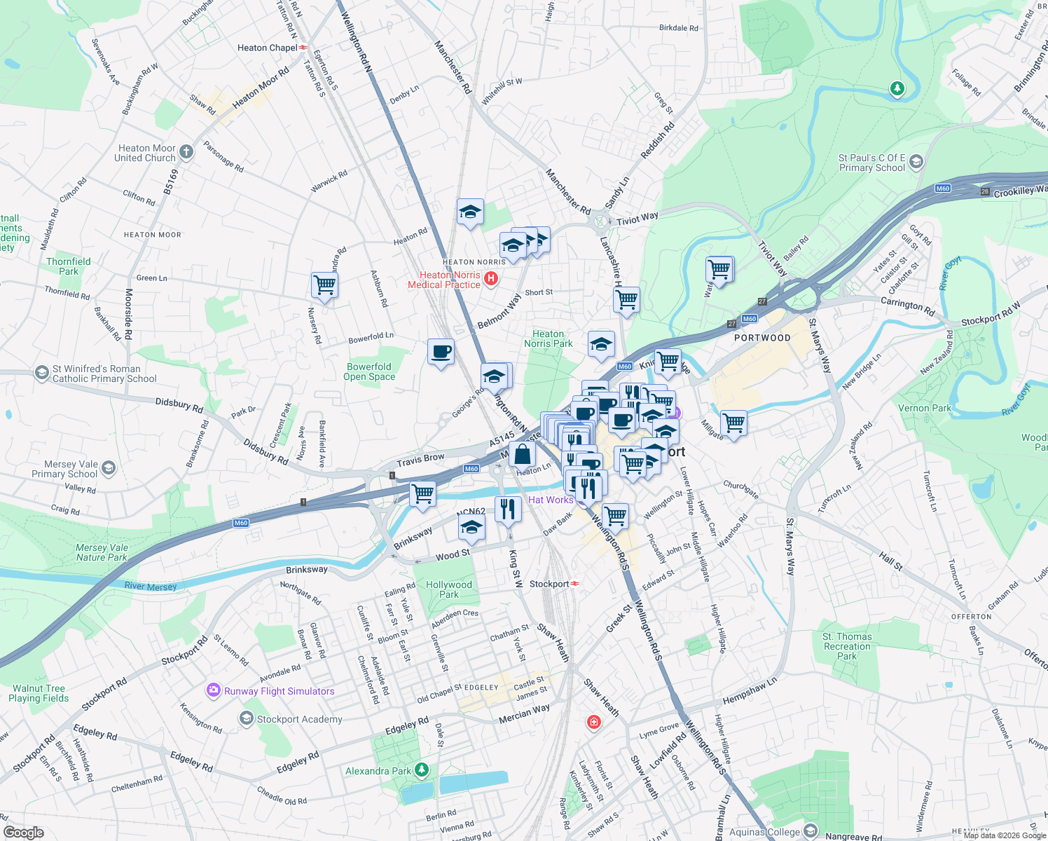 map of restaurants, bars, coffee shops, grocery stores, and more near 30 Wellington Road North in Greater Manchester