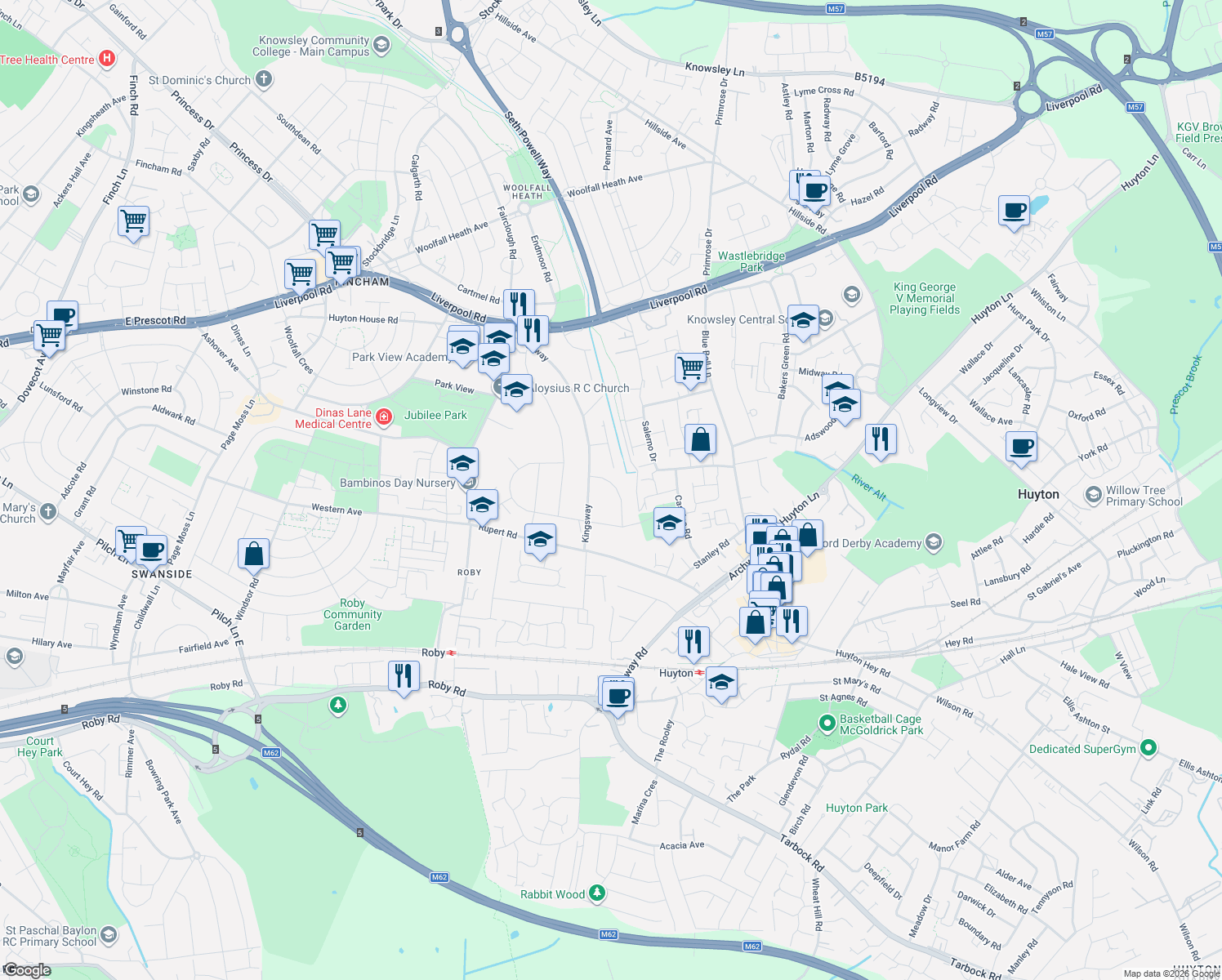 map of restaurants, bars, coffee shops, grocery stores, and more near 20 Coral Avenue in Merseyside