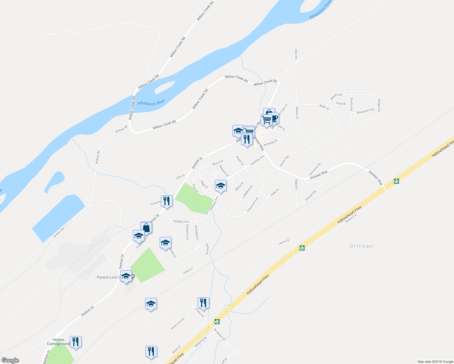 map of restaurants, bars, coffee shops, grocery stores, and more near 101 Poplar Place in Hinton