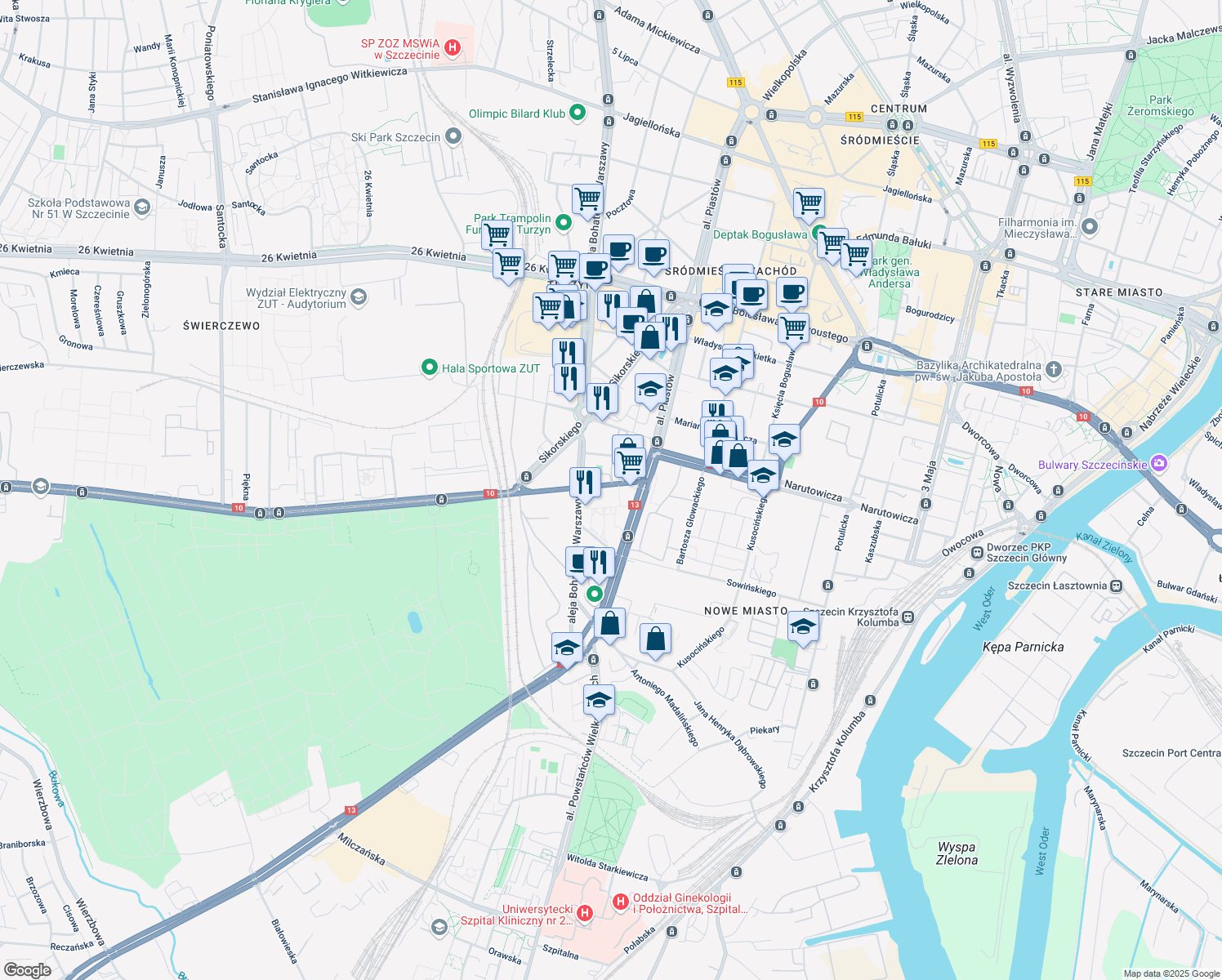 map of restaurants, bars, coffee shops, grocery stores, and more near in Szczecin
