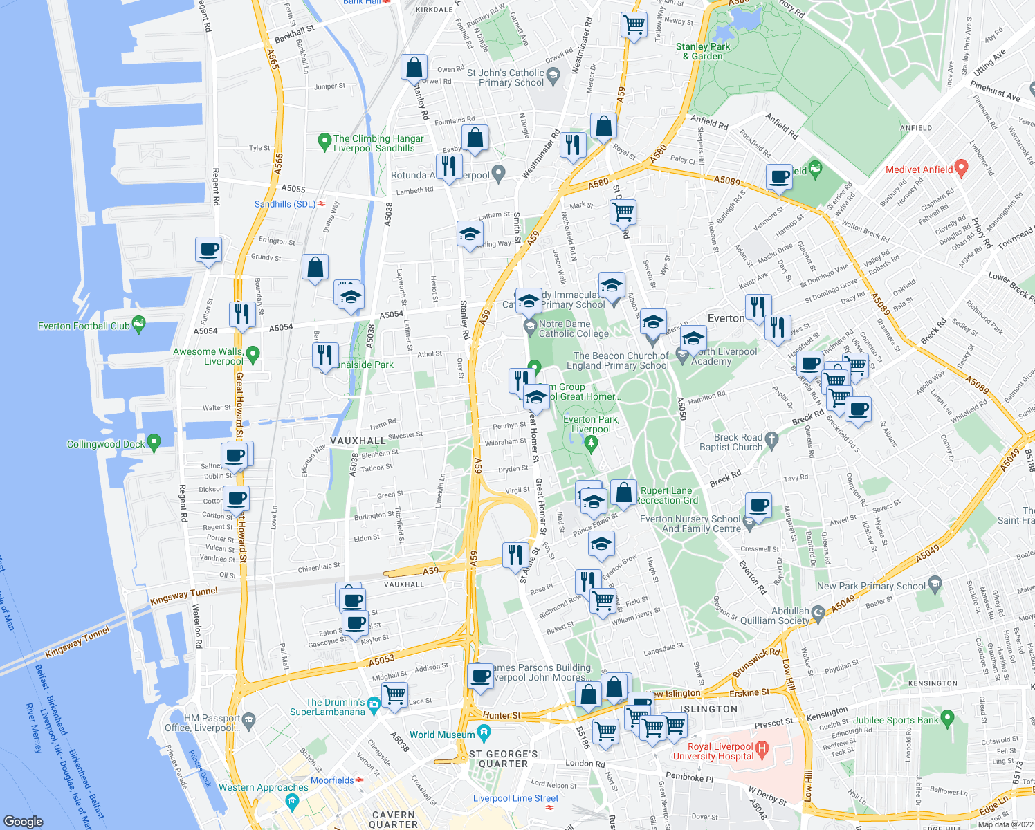 map of restaurants, bars, coffee shops, grocery stores, and more near 48 Chapel Gardens in Merseyside