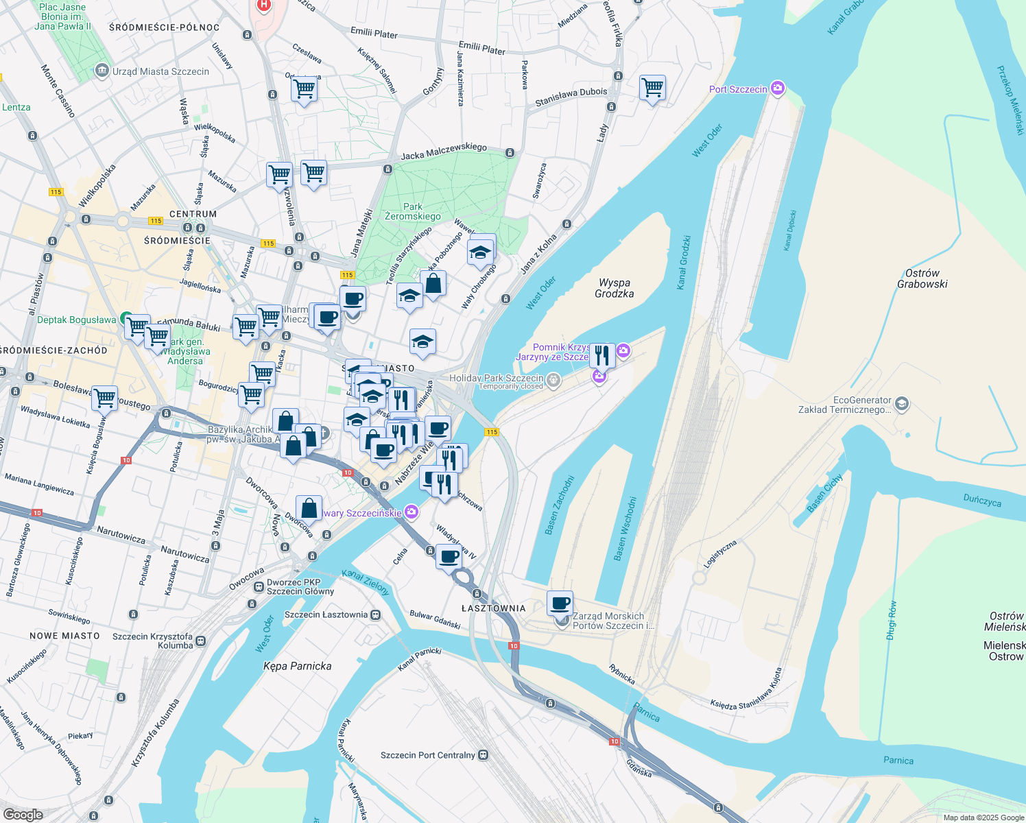 map of restaurants, bars, coffee shops, grocery stores, and more near 6 Tadeusza Apolinarego Wendy in Szczecin