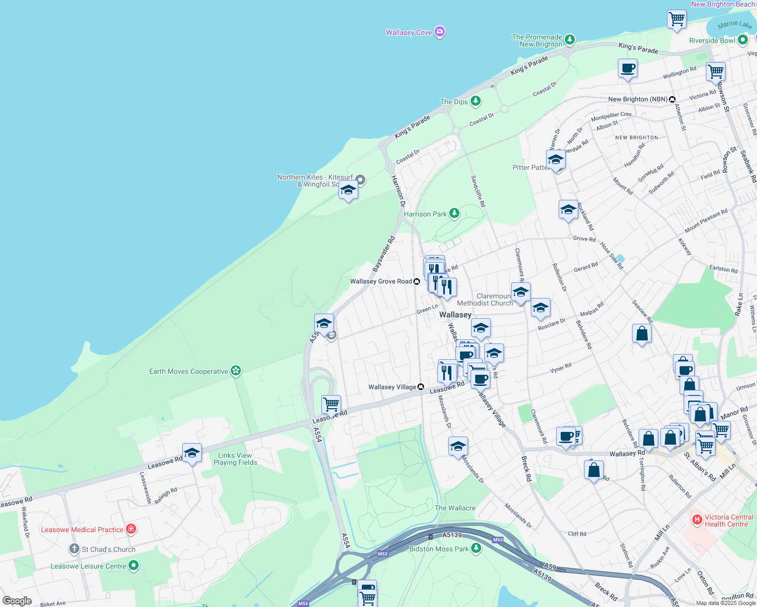 map of restaurants, bars, coffee shops, grocery stores, and more near Barmouth Road in Merseyside