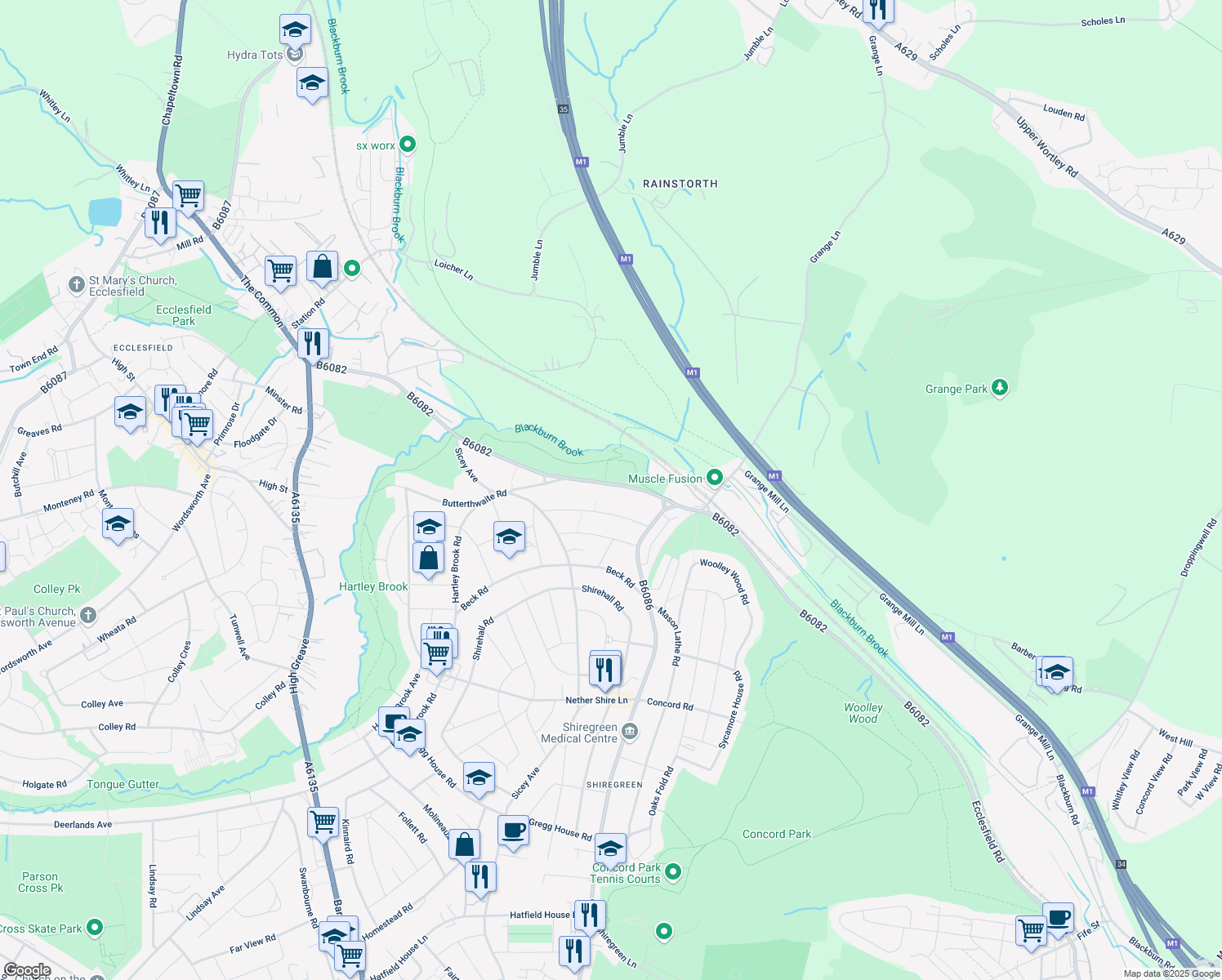 map of restaurants, bars, coffee shops, grocery stores, and more near Ecclesfield Road in South Yorkshire