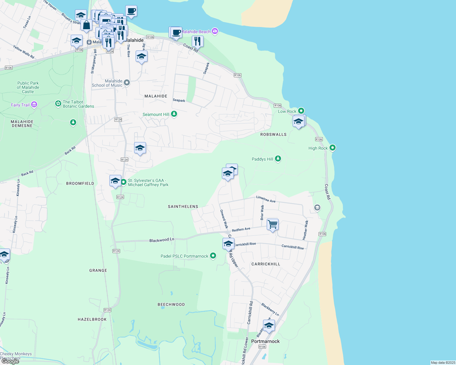 map of restaurants, bars, coffee shops, grocery stores, and more near 28 Dal Riada in Portmarnock