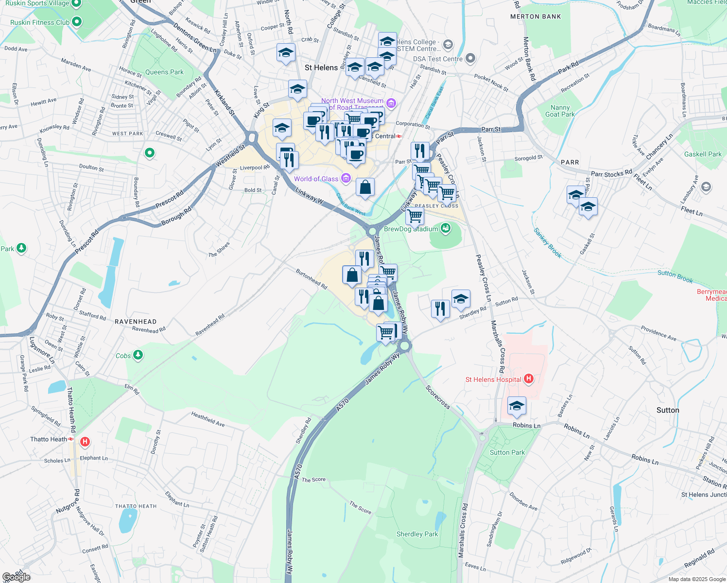 map of restaurants, bars, coffee shops, grocery stores, and more near Milverny Way in St Helens