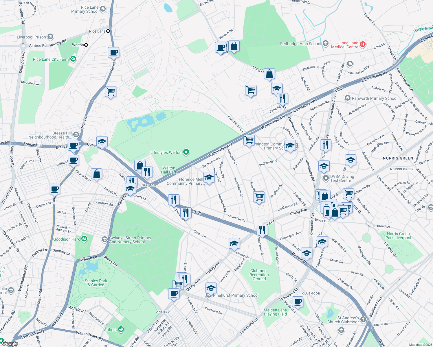 map of restaurants, bars, coffee shops, grocery stores, and more near Ingrave Road in Merseyside