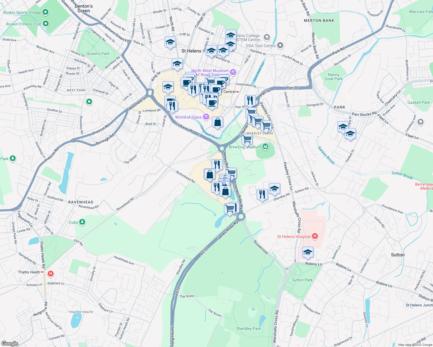 map of restaurants, bars, coffee shops, grocery stores, and more near Milverny Way in St Helens