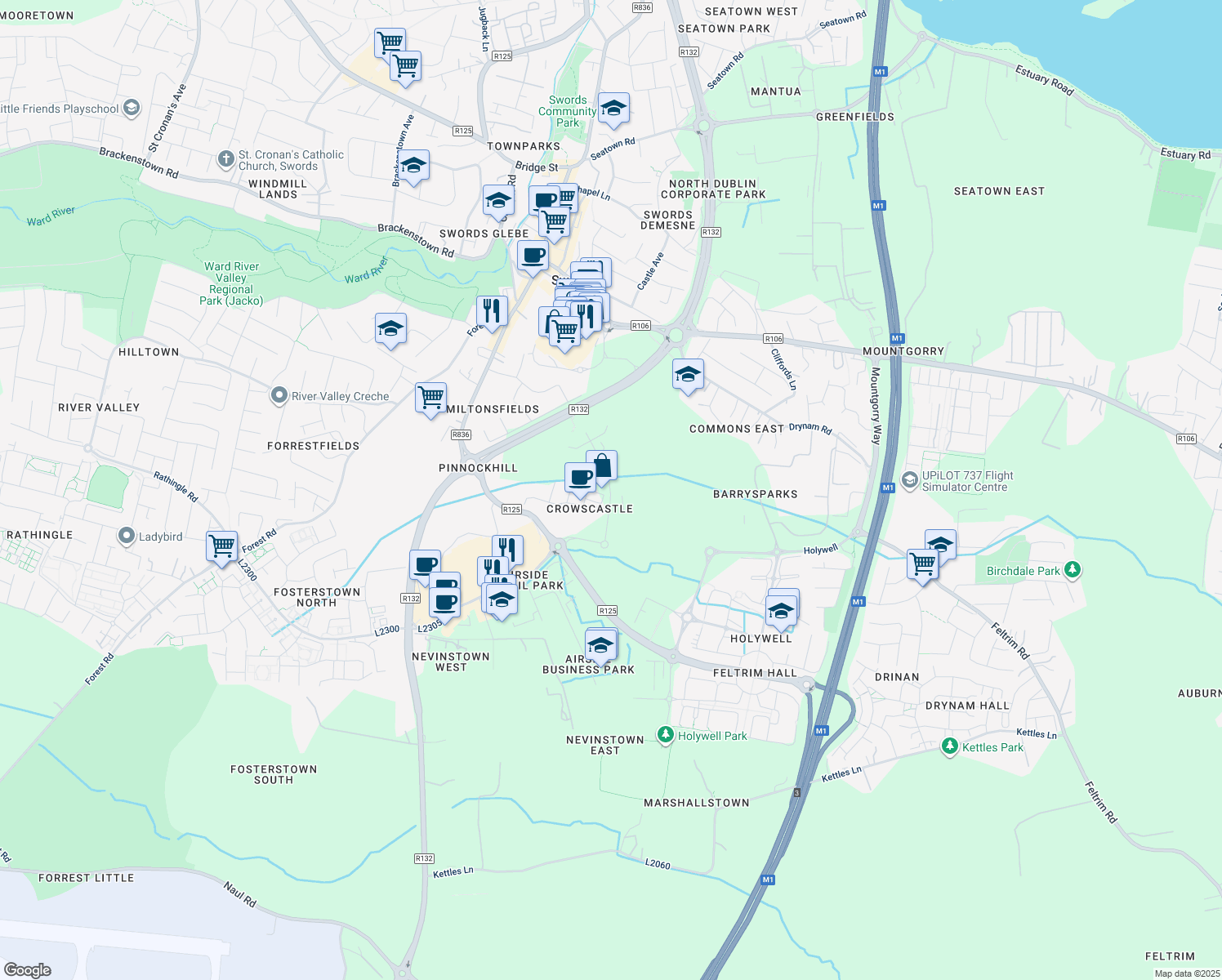 map of restaurants, bars, coffee shops, grocery stores, and more near Lakeshore Drive in Swords