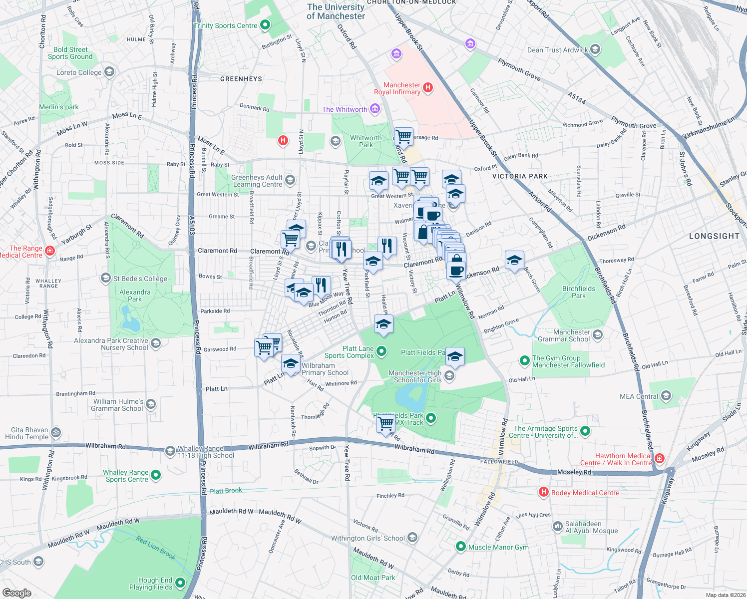 map of restaurants, bars, coffee shops, grocery stores, and more near in Greater Manchester