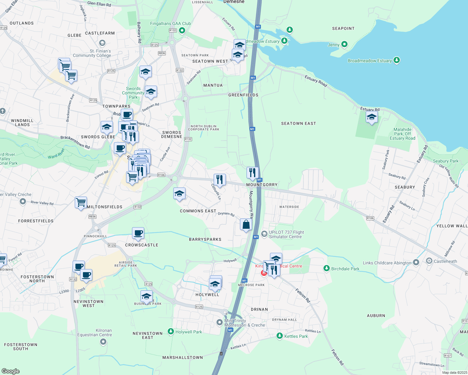 map of restaurants, bars, coffee shops, grocery stores, and more near Malahide Road in Swords