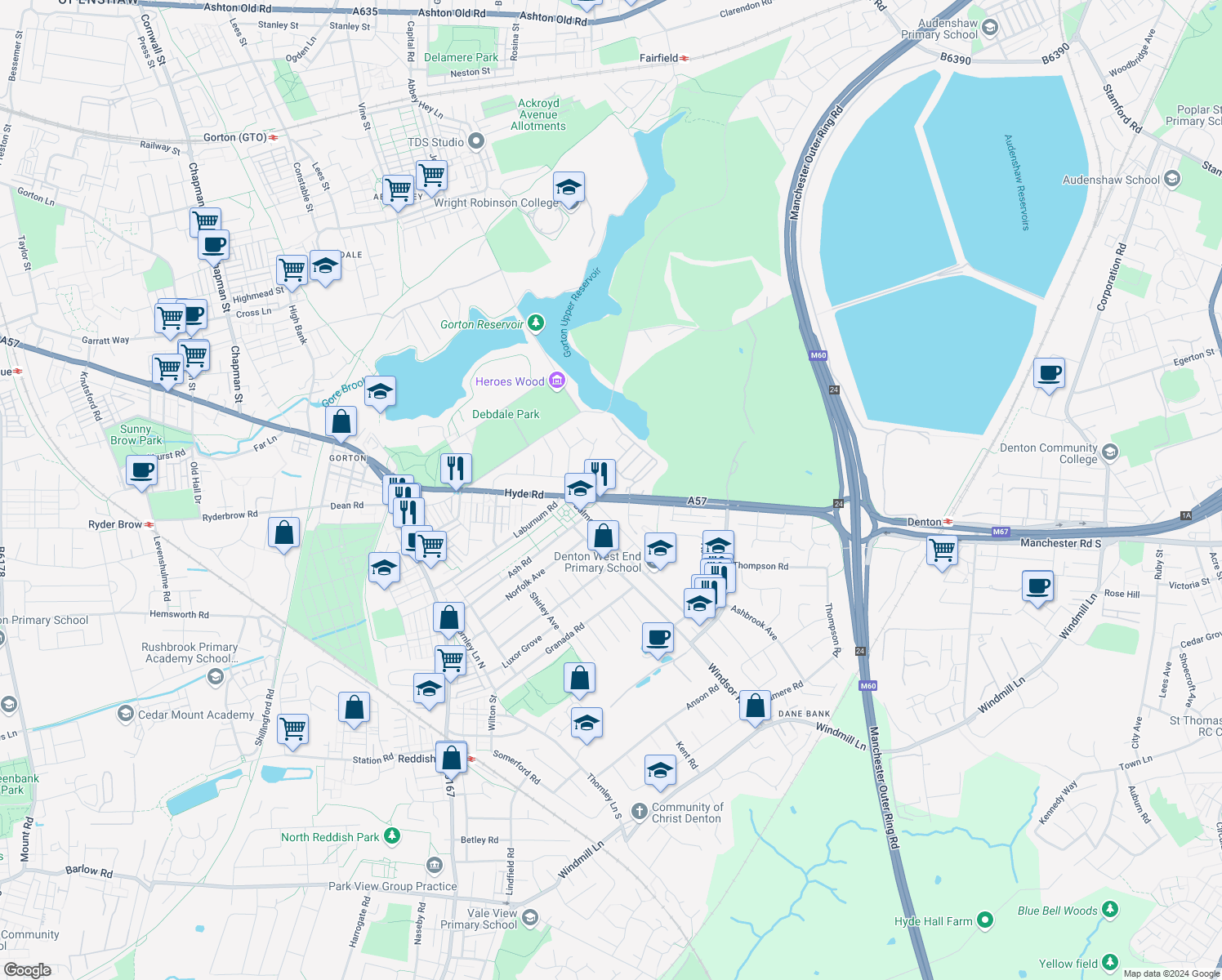map of restaurants, bars, coffee shops, grocery stores, and more near Manchester Road in Denton
