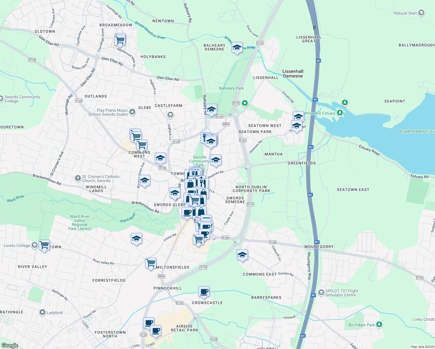 map of restaurants, bars, coffee shops, grocery stores, and more near 7 Seatown Road in Swords