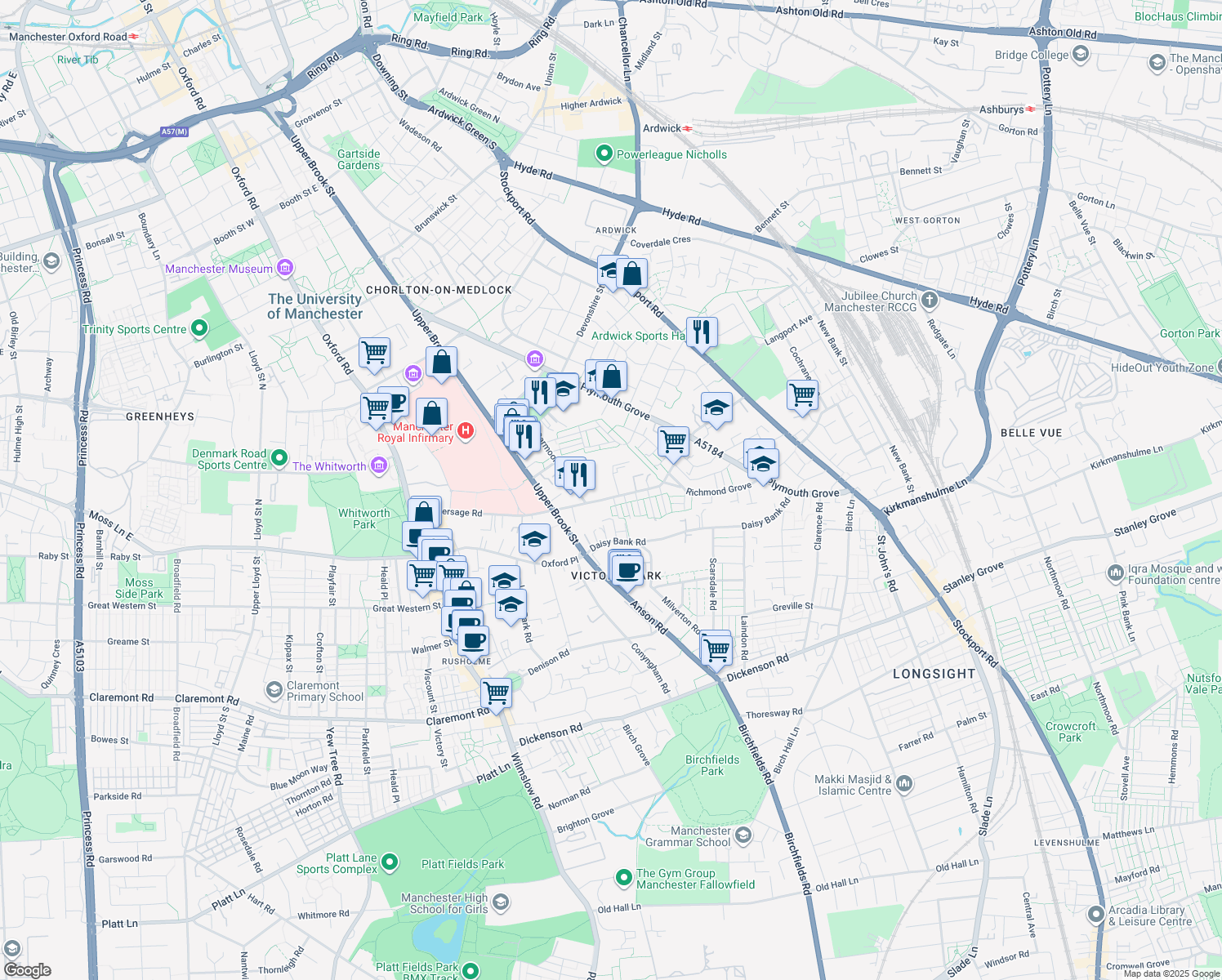 map of restaurants, bars, coffee shops, grocery stores, and more near 44 Hathersage Road in Greater Manchester