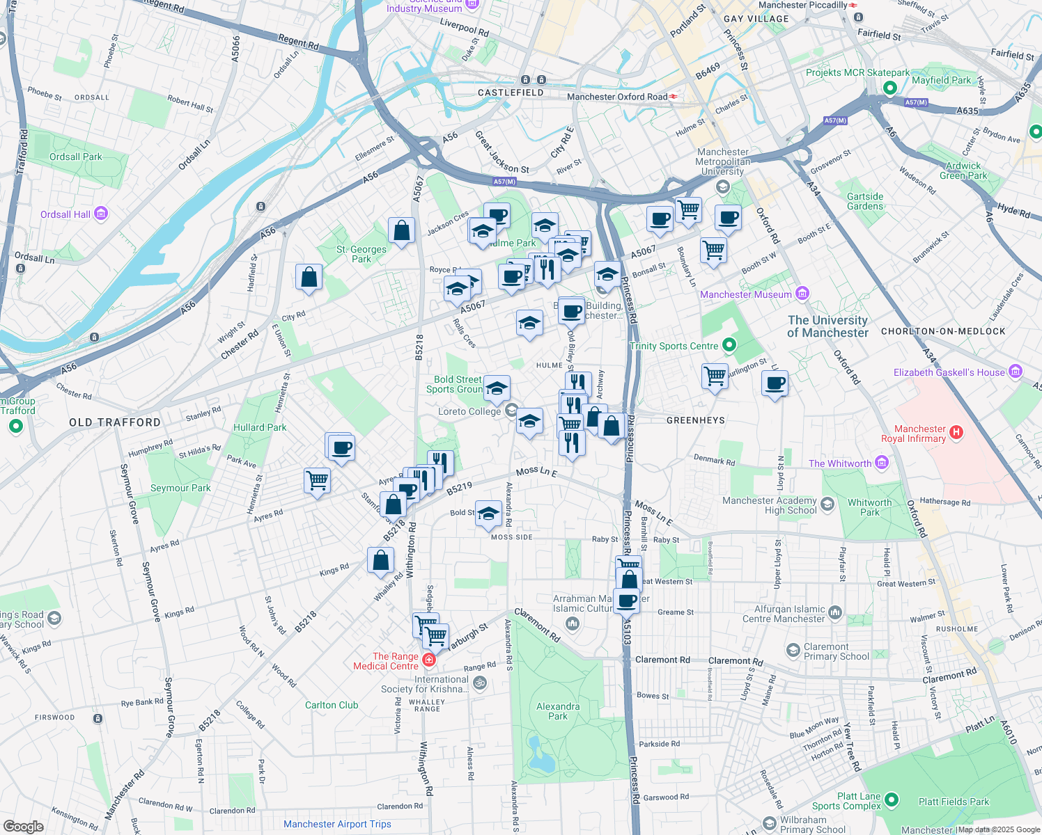 map of restaurants, bars, coffee shops, grocery stores, and more near in Manchester