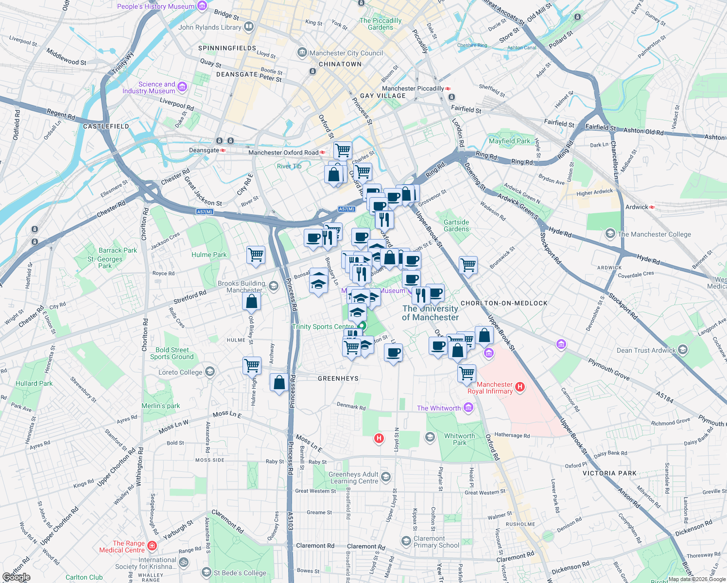 map of restaurants, bars, coffee shops, grocery stores, and more near Higher Cambridge Street in Greater Manchester