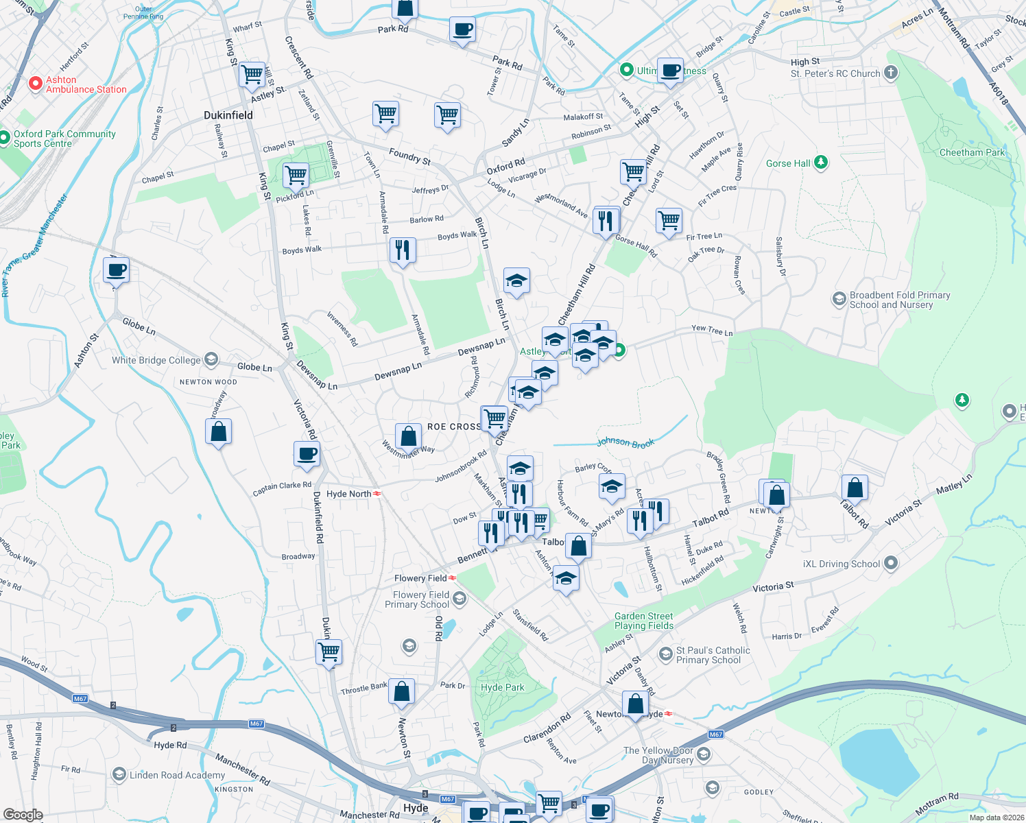 map of restaurants, bars, coffee shops, grocery stores, and more near Cheetham Hill Road in Greater Manchester