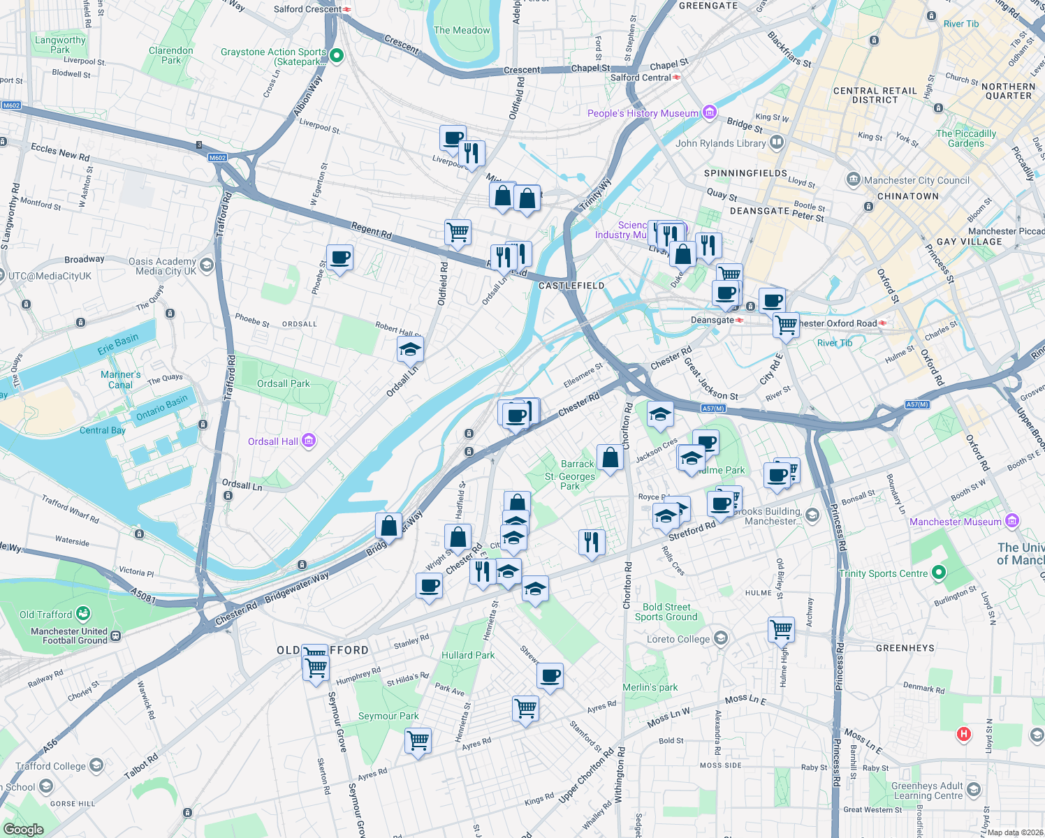 map of restaurants, bars, coffee shops, grocery stores, and more near 27 Ellesmere Street in Greater Manchester