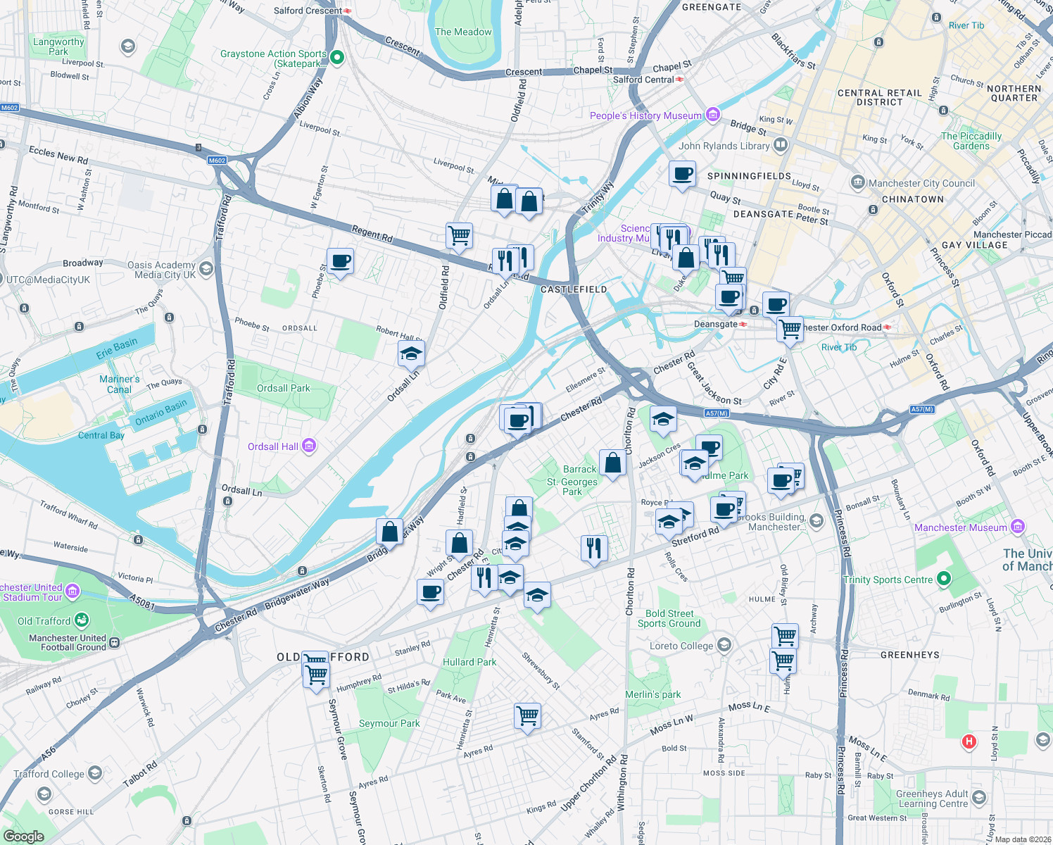 map of restaurants, bars, coffee shops, grocery stores, and more near 27 Ellesmere Street in Greater Manchester