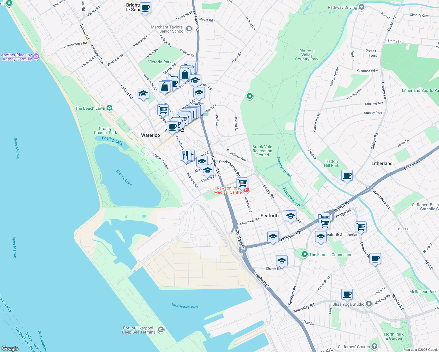 map of restaurants, bars, coffee shops, grocery stores, and more near Crosby Road South in Merseyside