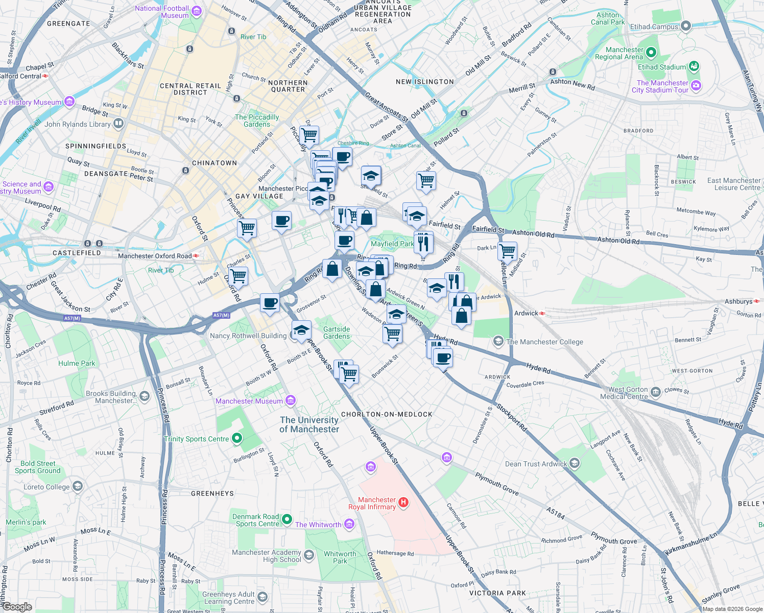 map of restaurants, bars, coffee shops, grocery stores, and more near Ardwick Green South in Greater Manchester