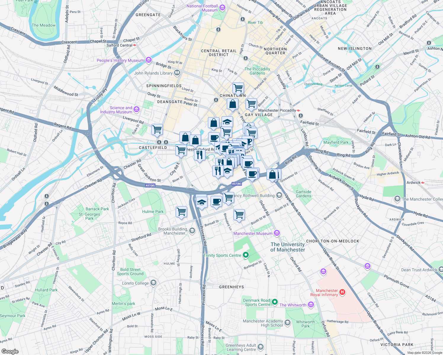 map of restaurants, bars, coffee shops, grocery stores, and more near Chester Street in Greater Manchester