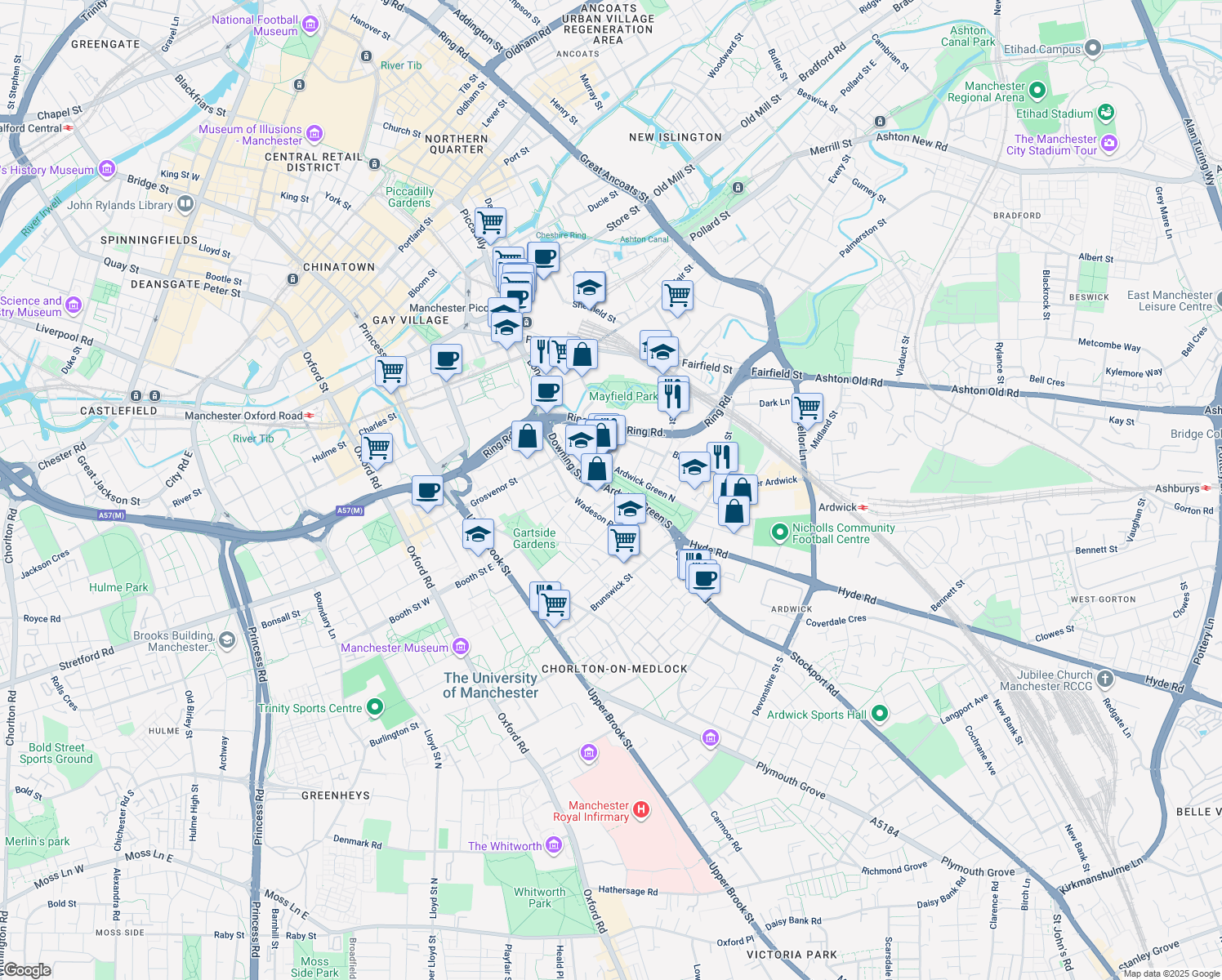 map of restaurants, bars, coffee shops, grocery stores, and more near Ardwick Green South in Greater Manchester